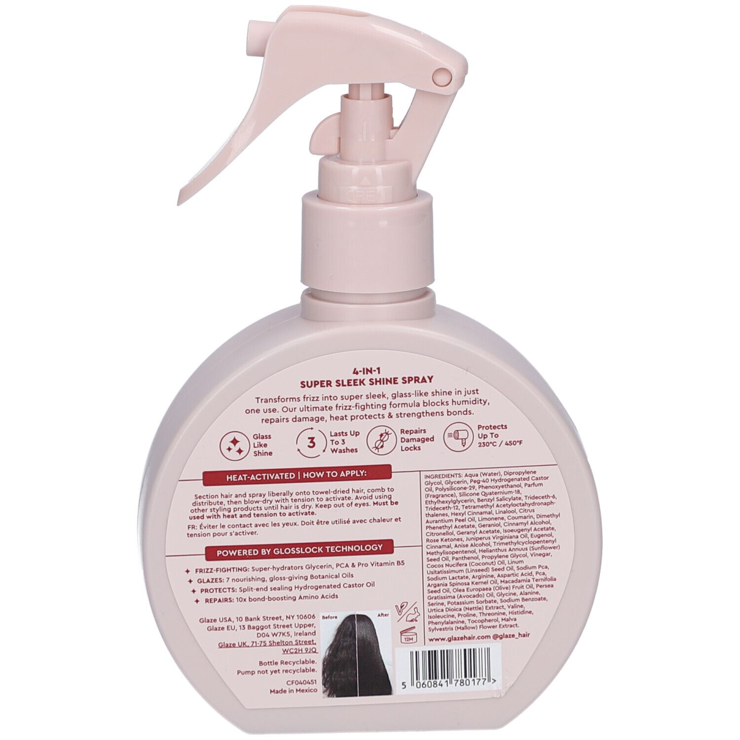 Rückseite der rosa Sprühflasche. Text: '4-in-1 Super Sleek Shine Spray'. Enthält Inhaltsstoffe und Anwendungshinweise.