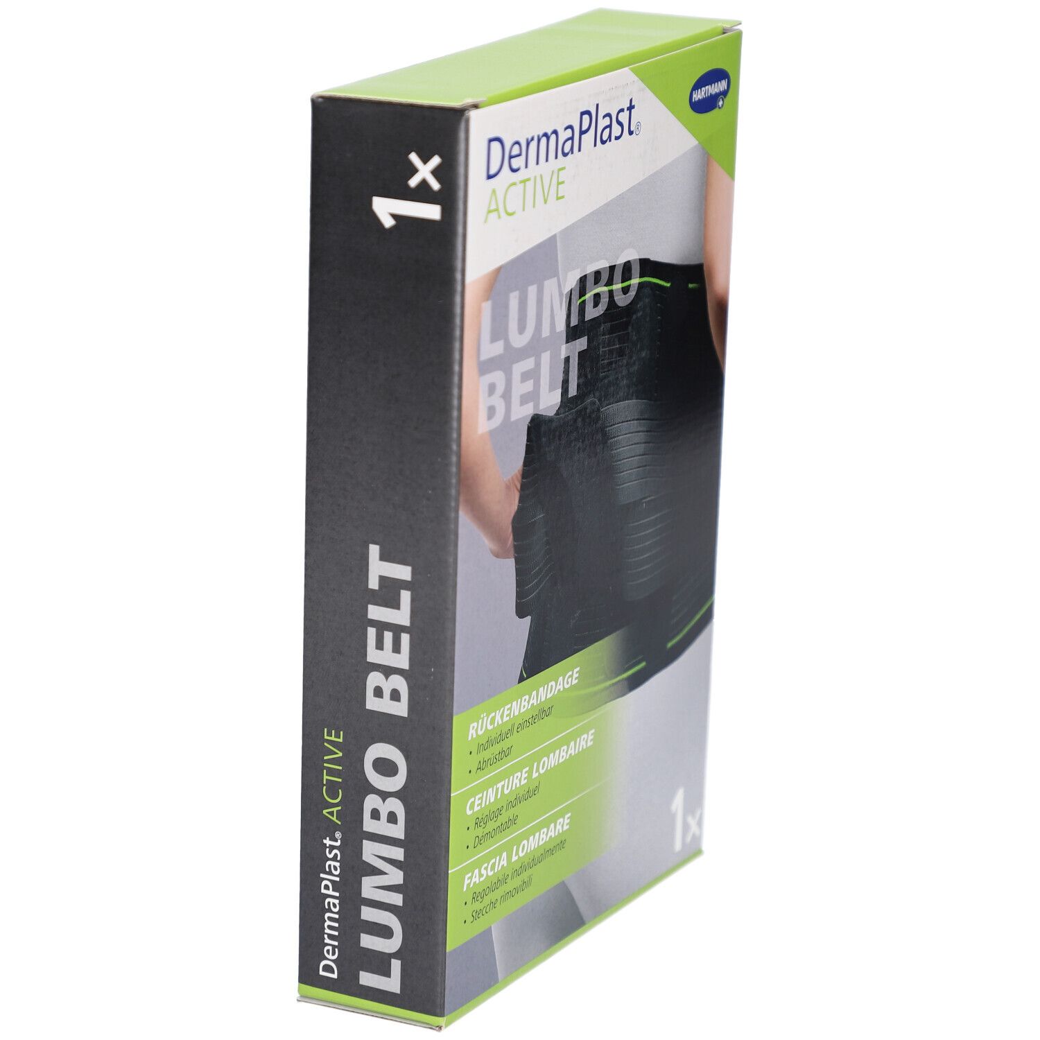 Seitenansicht der Verpackung. DermaPlast Active Lumbo Belt. Produktname und Marke sichtbar. 1x auf der Verpackung.