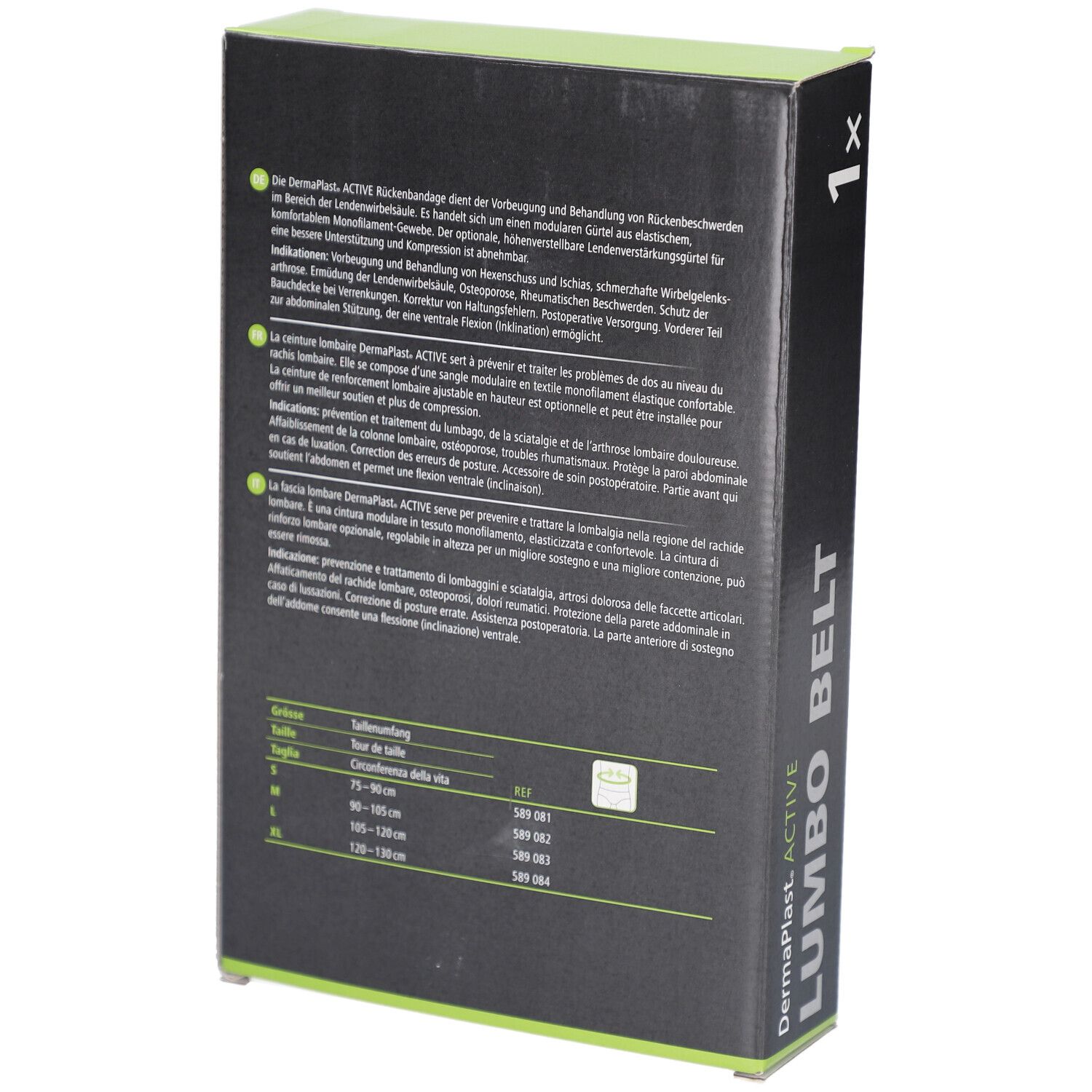 Rückseite der Verpackung. Text in Deutsch, Französisch und Italienisch. Größentabelle. Produktname: Lumbo Belt.