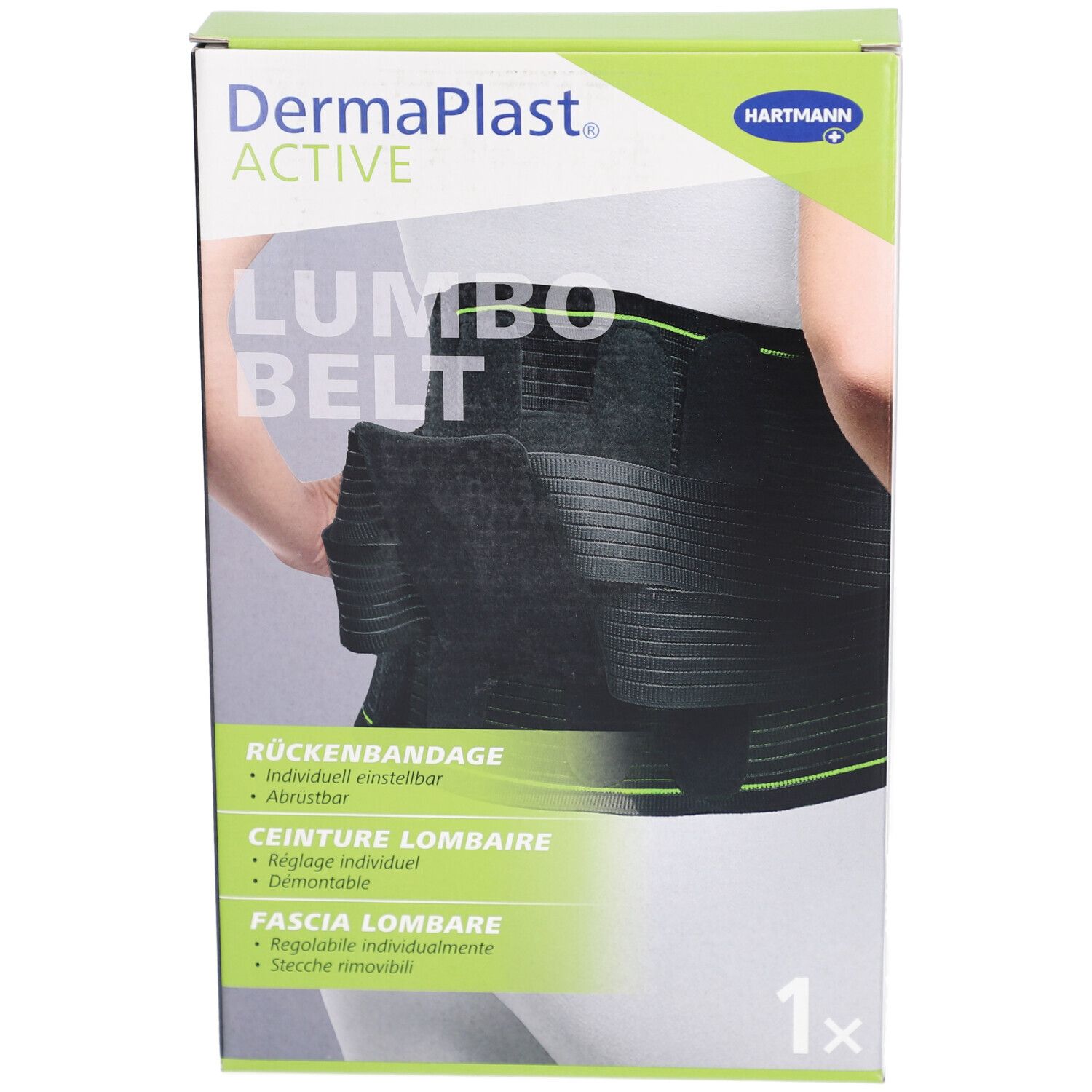 Verpackung der DermaPlast Active Lumbo Belt. Schwarze Rückenbandage auf der Verpackung abgebildet. Produktname und Marke sichtbar.