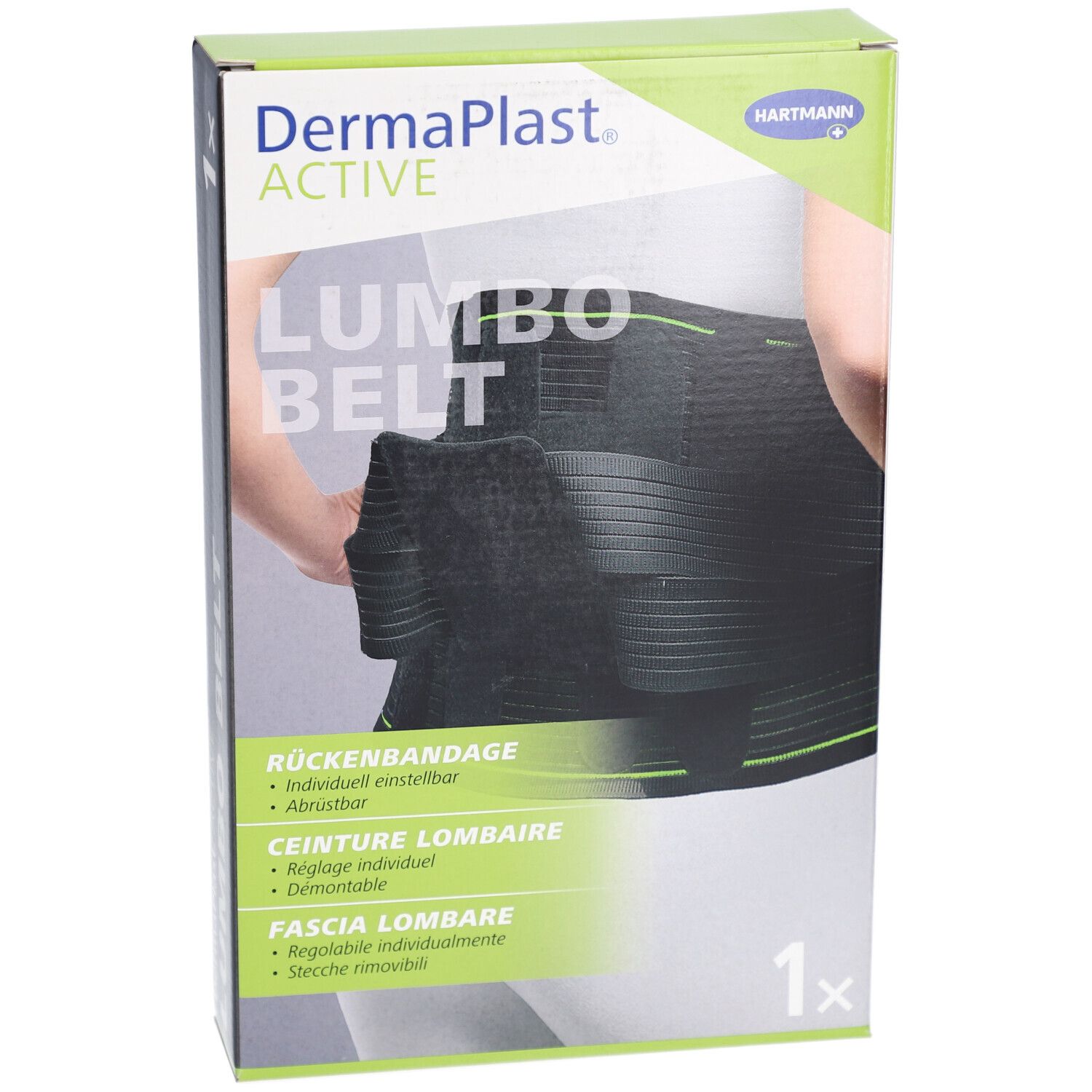Verpackung der DermaPlast Active Lumbo Belt. Schwarze Rückenbandage auf der Verpackung abgebildet. Produktname und Marke sichtbar.