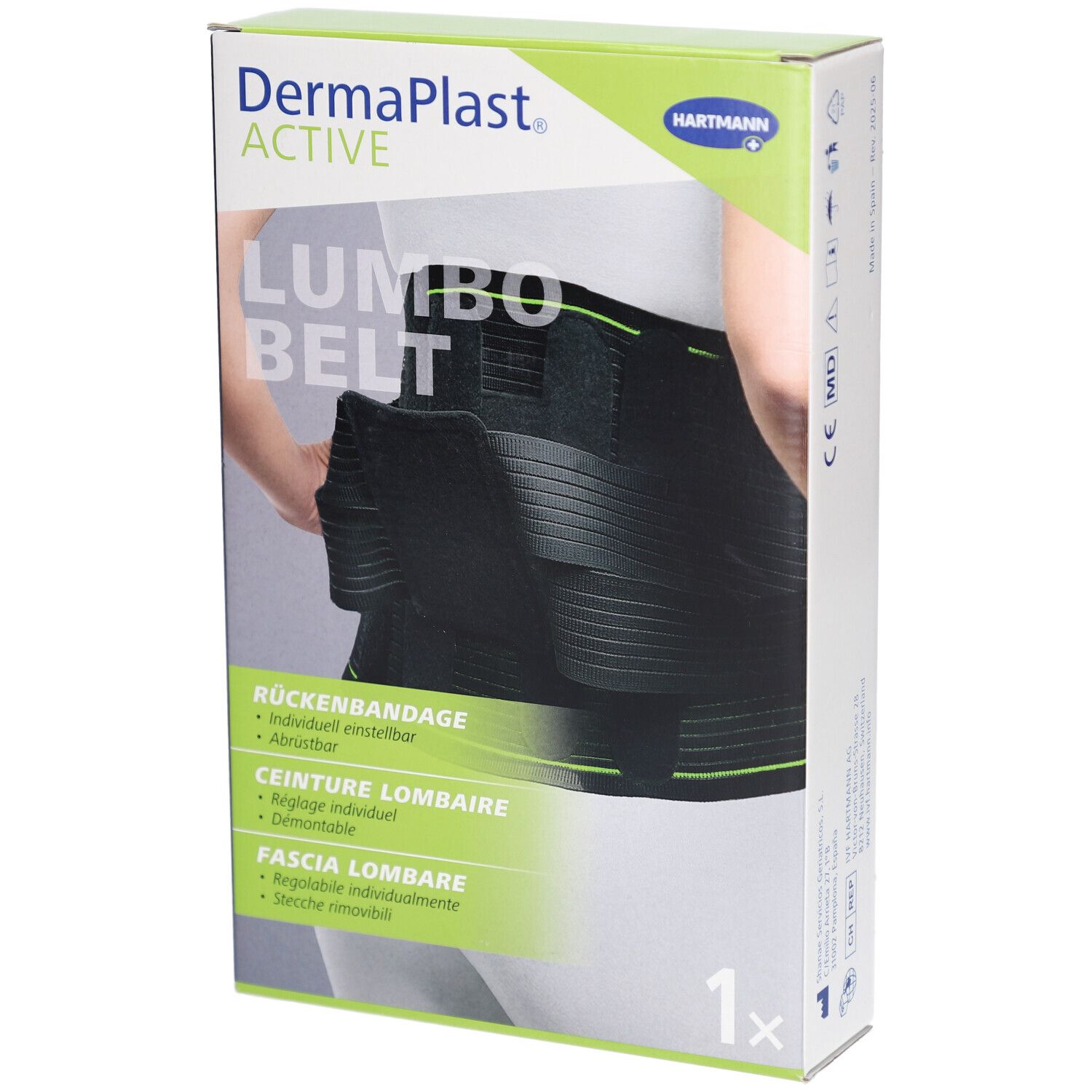 Verpackung von DermaPlast Active Lumbo Belt. Schwarze Rückenbandage auf der Verpackung abgebildet. Text: Lumbo Belt, Rückenbandage.