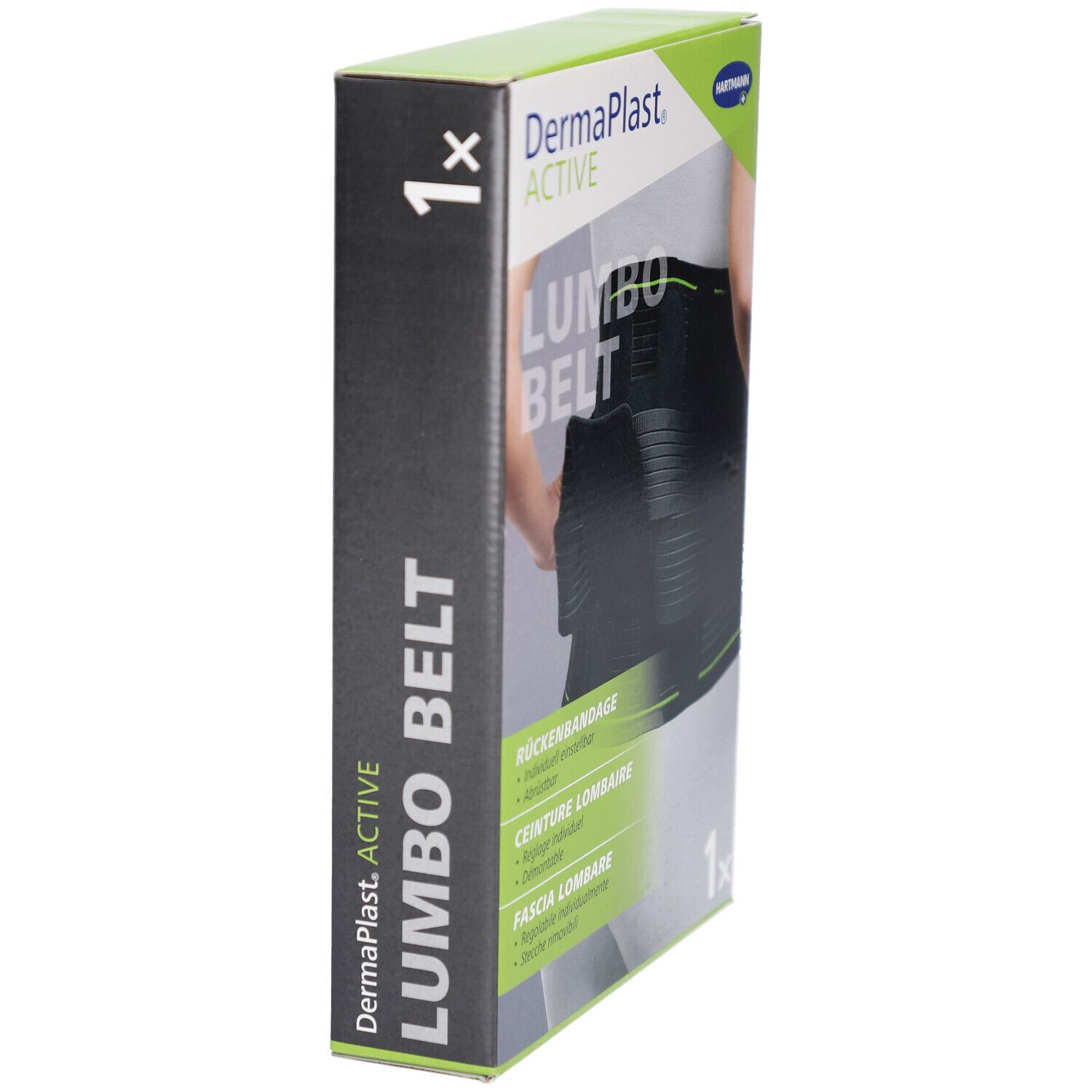Verpackung von DermaPlast Active Lumbo Belt. Seitenansicht der Verpackung. Text: Lumbo Belt, DermaPlast Active.
