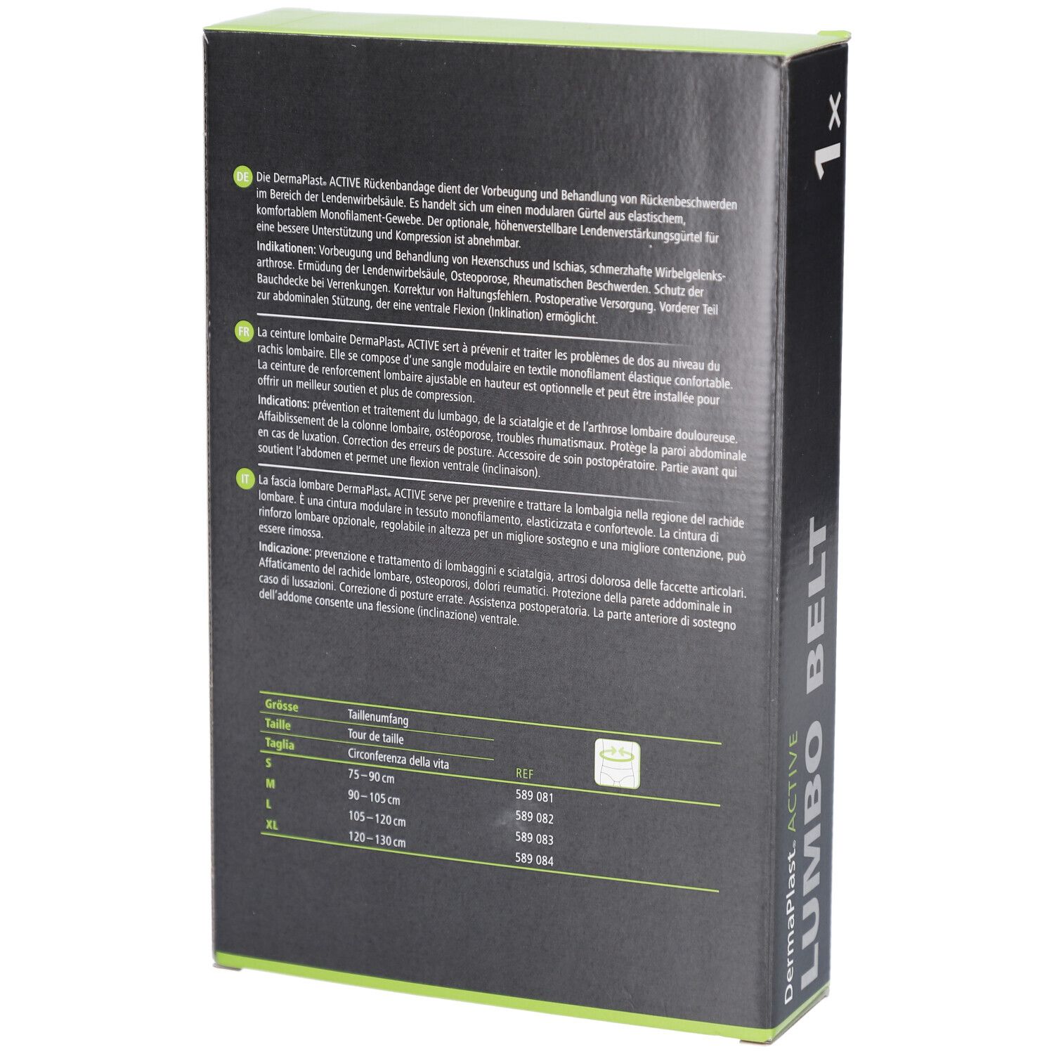 Rückseite der Verpackung von DermaPlast Active Lumbo Belt. Text in Deutsch, Französisch und Italienisch. Größentabelle.