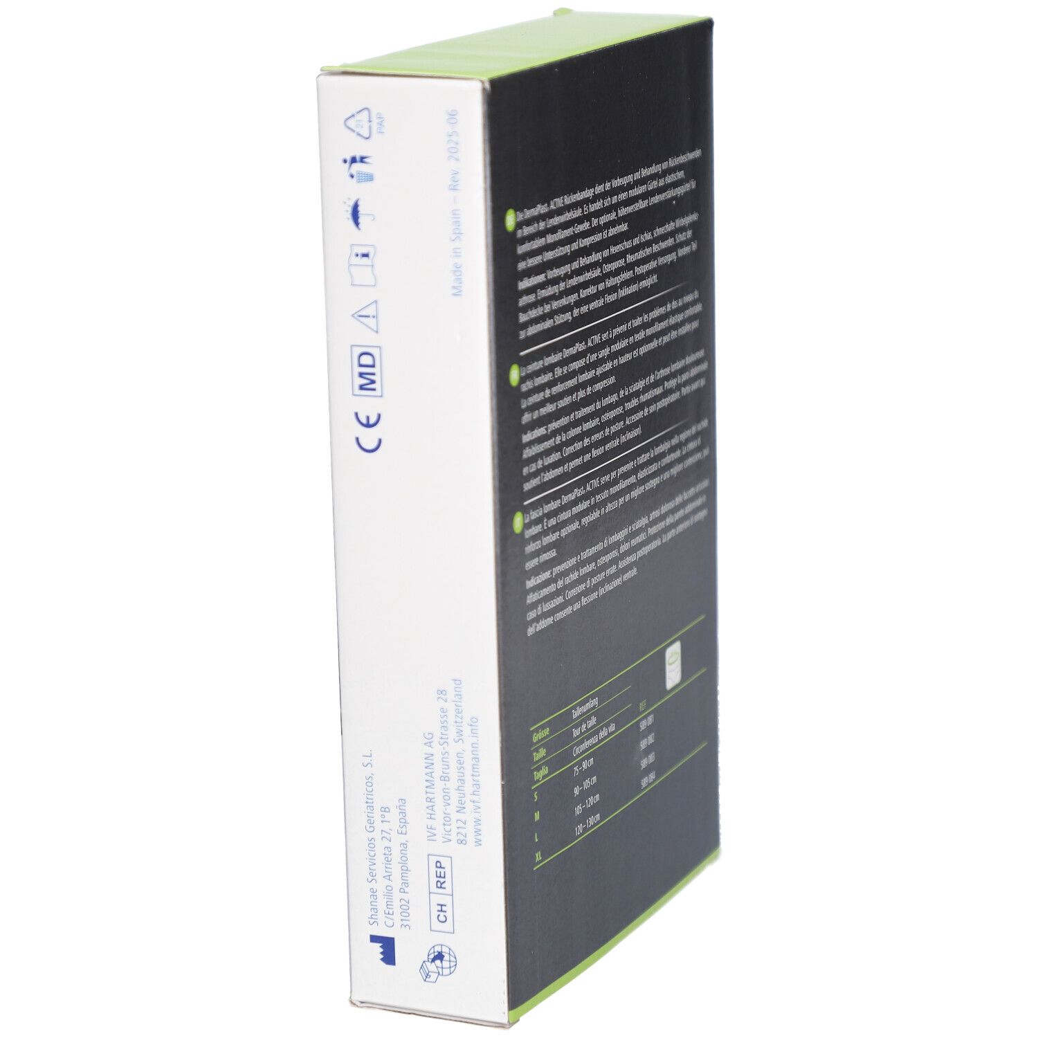 Seite der Verpackung von DermaPlast Active Lumbo Belt. Text und Logos. CE-Kennzeichnung.