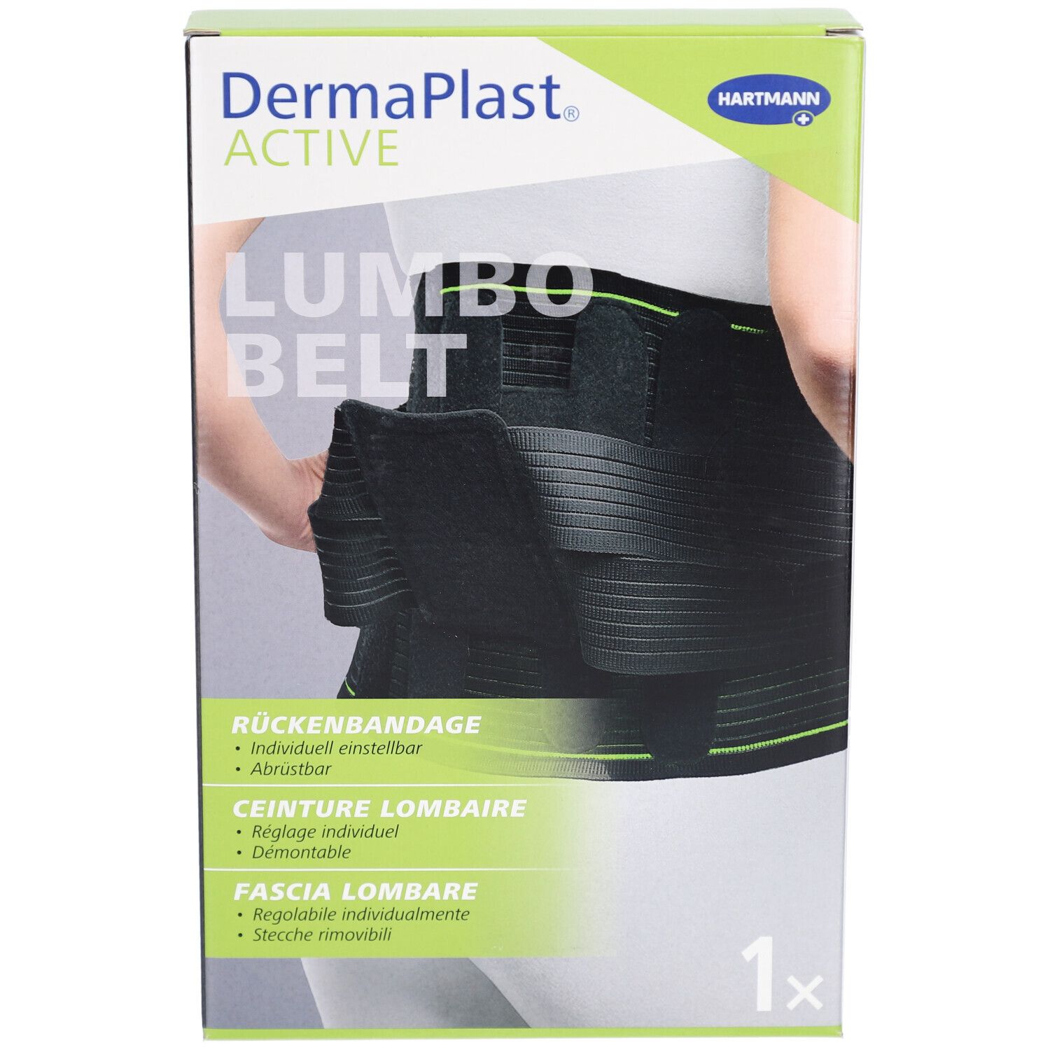 Verpackung von DermaPlast Active Lumbo Belt. Schwarze Rückenbandage auf der Verpackung abgebildet. Text: Lumbo Belt, Rückenbandage.