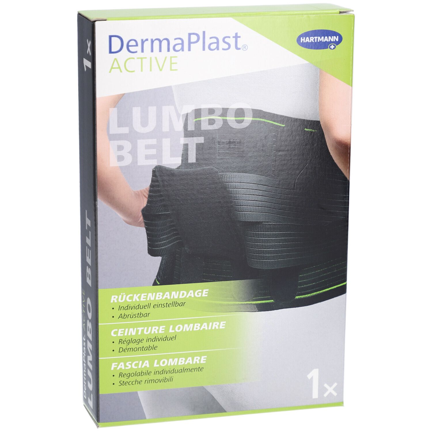 Verpackung von DermaPlast Active Lumbo Belt. Schwarze Rückenbandage auf der Verpackung abgebildet. Text: Lumbo Belt, Rückenbandage.
