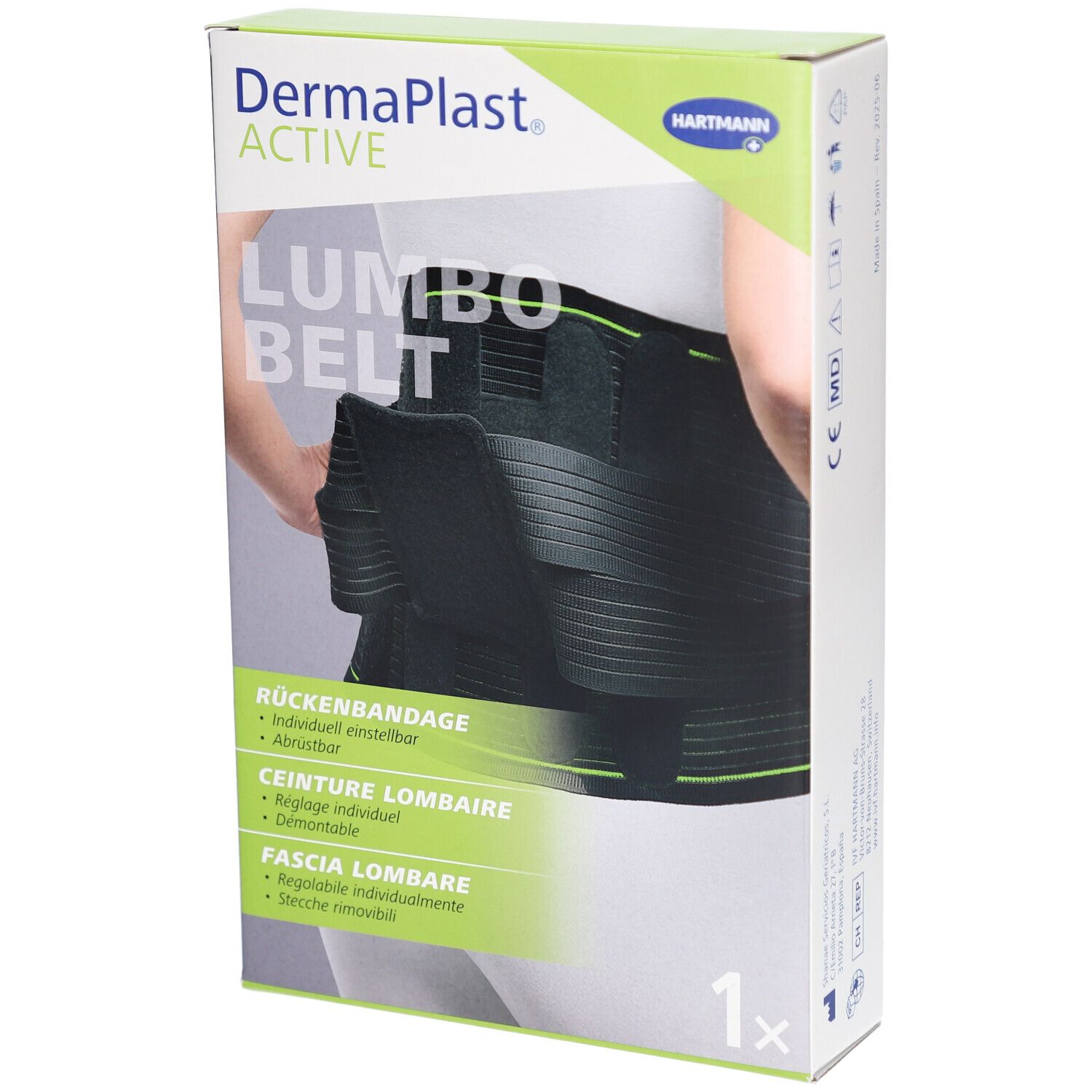 Verpackung der DermaPlast Active Lumbobelt. Schwarze Rückenbandage auf der Verpackung abgebildet. Produktname und Marke sichtbar.