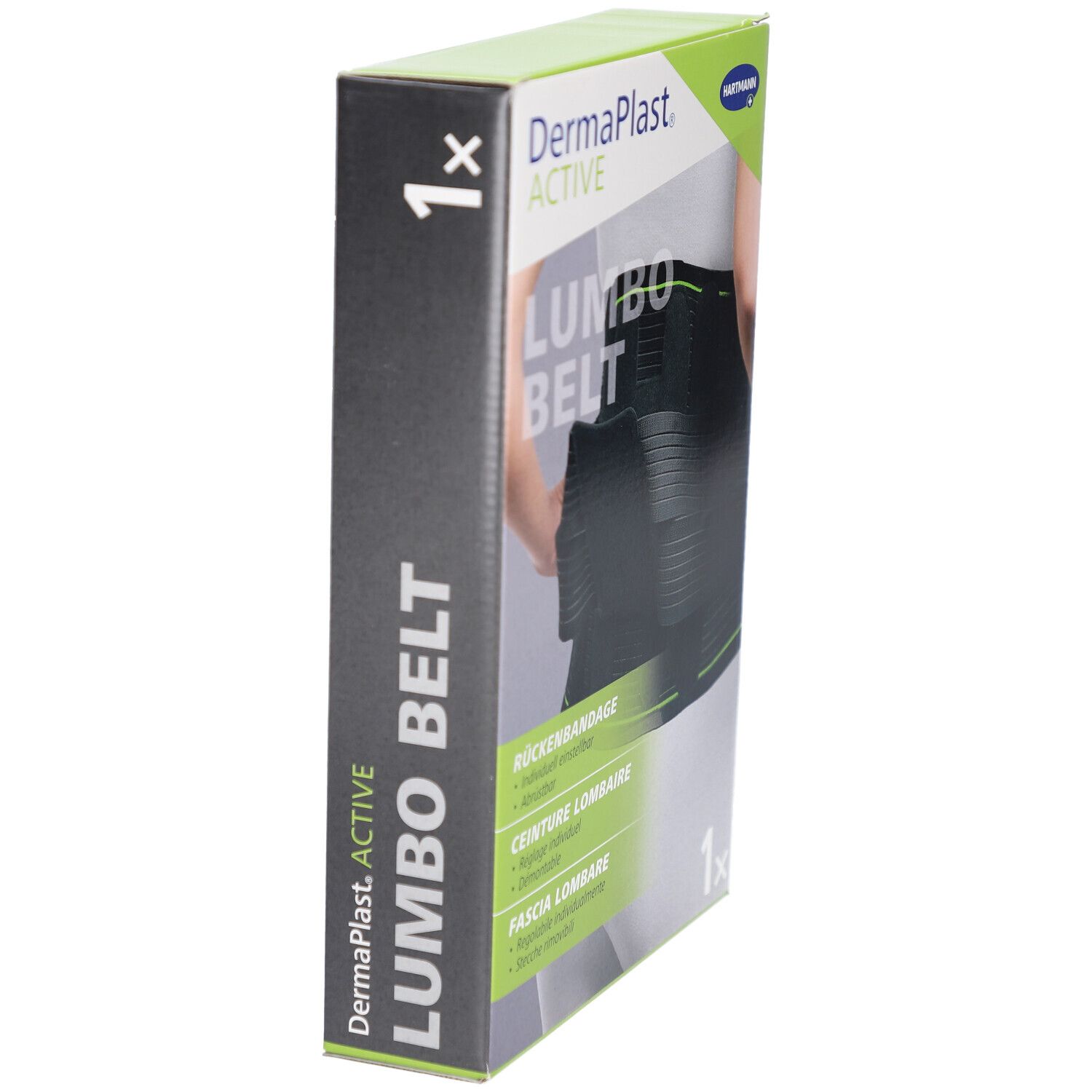 Seitenansicht der DermaPlast Active Lumbobelt Verpackung. Produktname und Marke deutlich sichtbar. 1x Packung.