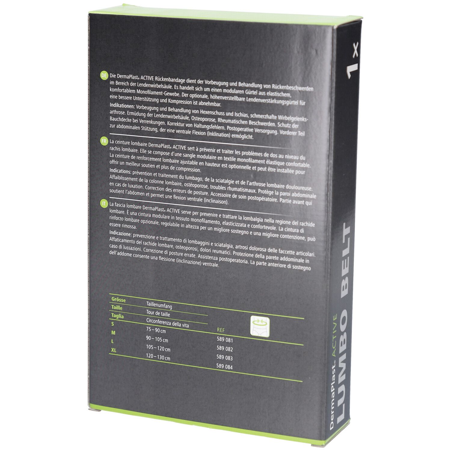 Rückseite der DermaPlast Active Lumbobelt Verpackung. Text in Deutsch, Französisch und Italienisch. Größentabelle.