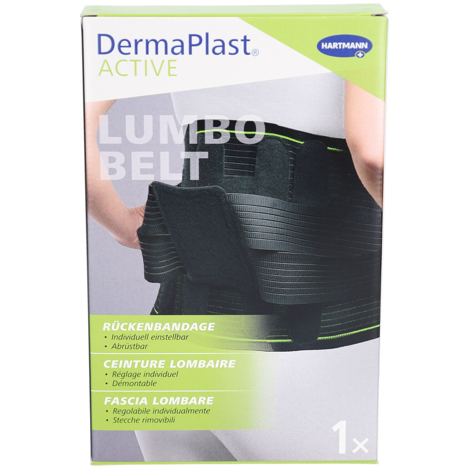 Vorderansicht der DermaPlast Active Lumbobelt Verpackung. Schwarze Rückenbandage abgebildet. Produktname und Marke sichtbar.