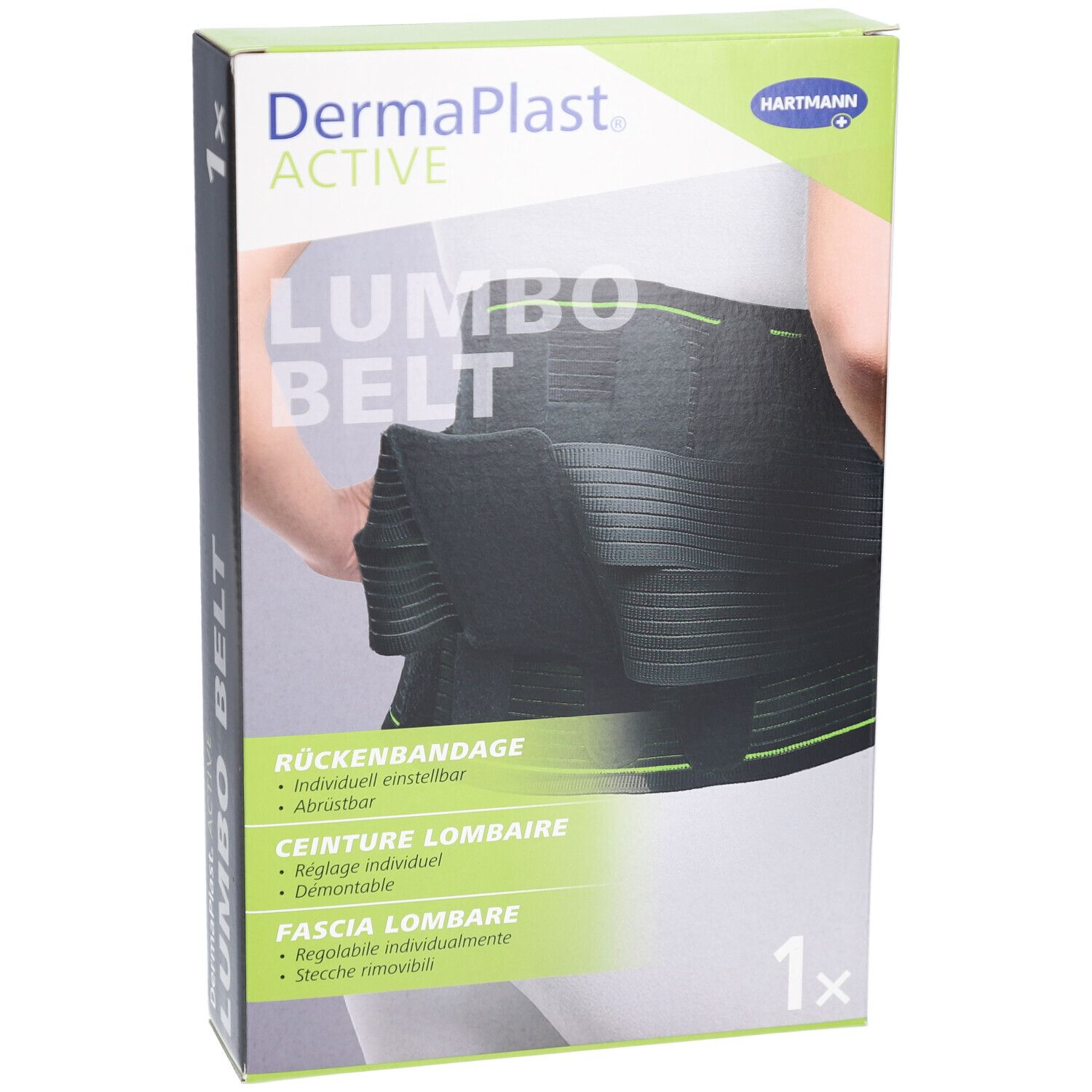 Vorderansicht der DermaPlast Active Lumbobelt Verpackung. Schwarze Rückenbandage abgebildet. Produktname und Marke sichtbar.