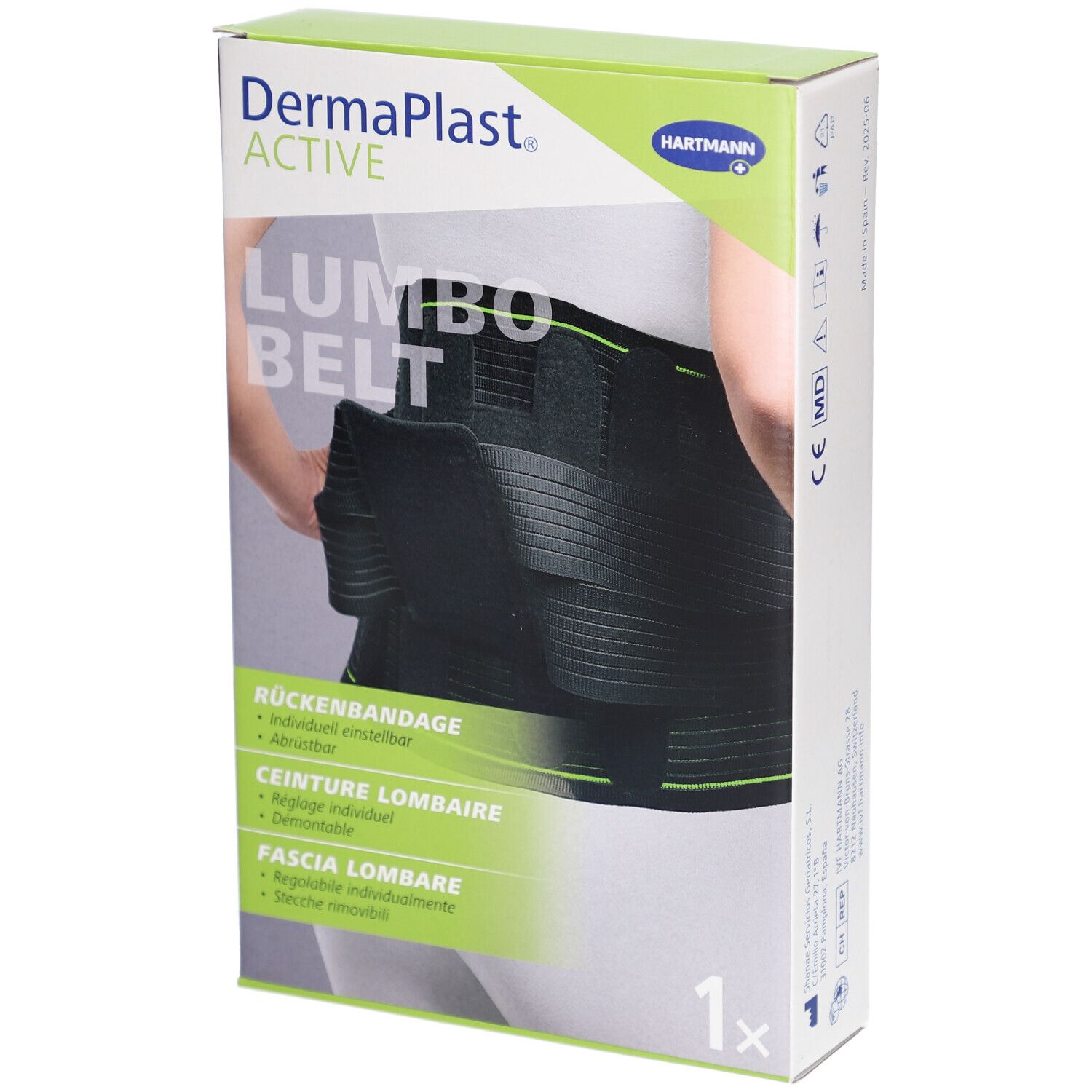 Verpackung der DermaPlast Active Lumbo Belt. Abbildung eines schwarzen Rückenbandes. Text: Rückenbandage, Ceinture lombaire, Fascia lombare.