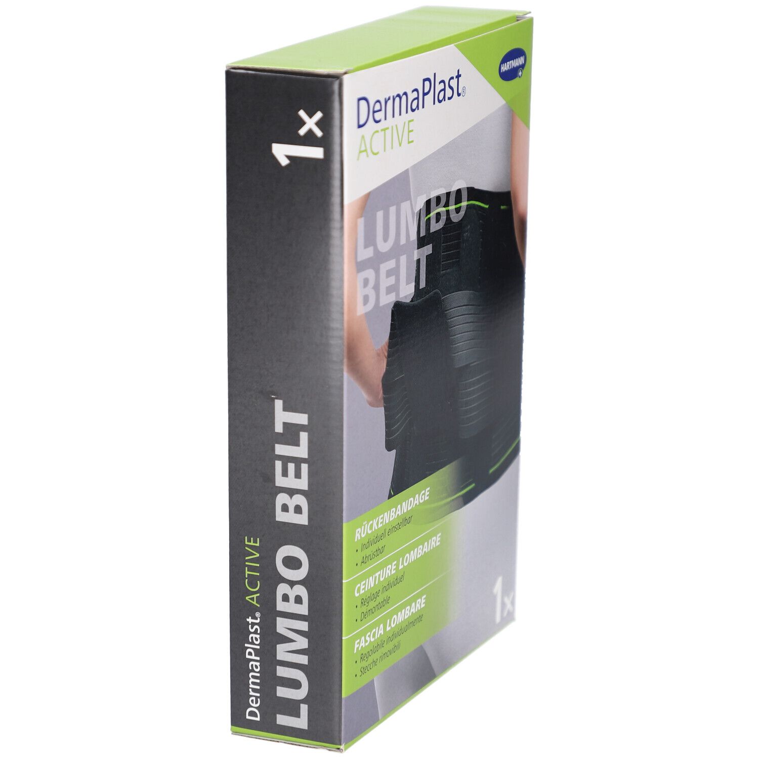 Seitenansicht der DermaPlast Active Lumbo Belt Verpackung. Text: Lumbo Belt, Rückenbandage, Ceinture lombaire, Fascia lombare. 1x.