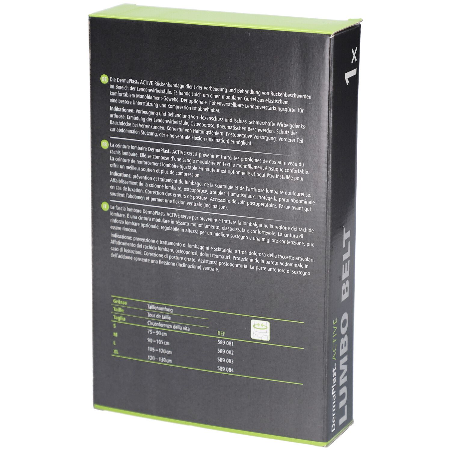 Rückseite der DermaPlast Active Lumbo Belt Verpackung. Text in Deutsch, Französisch und Italienisch. Größentabelle: S, M, L, XL.