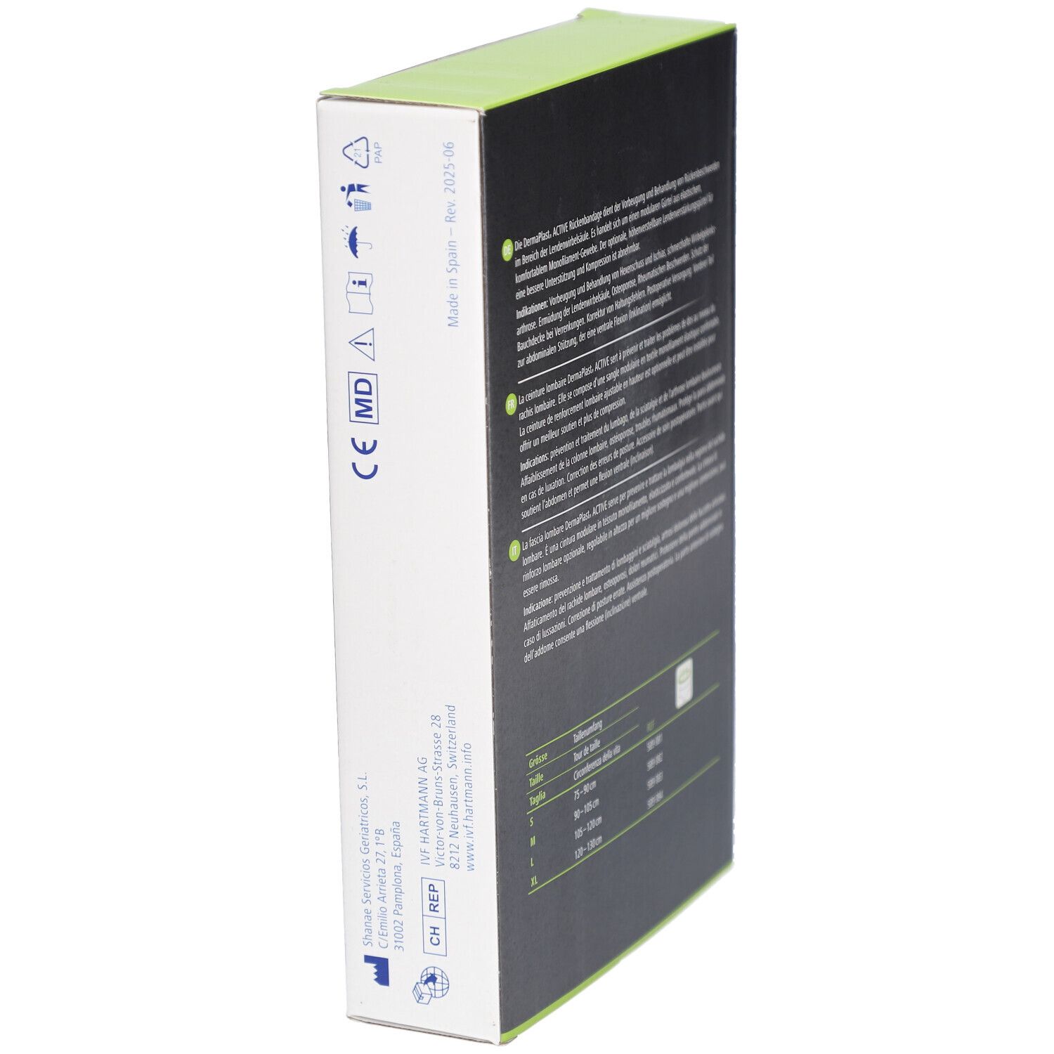 Seite der DermaPlast Active Lumbo Belt Verpackung. Text: Made in Spain, CE-Kennzeichnung, MD.