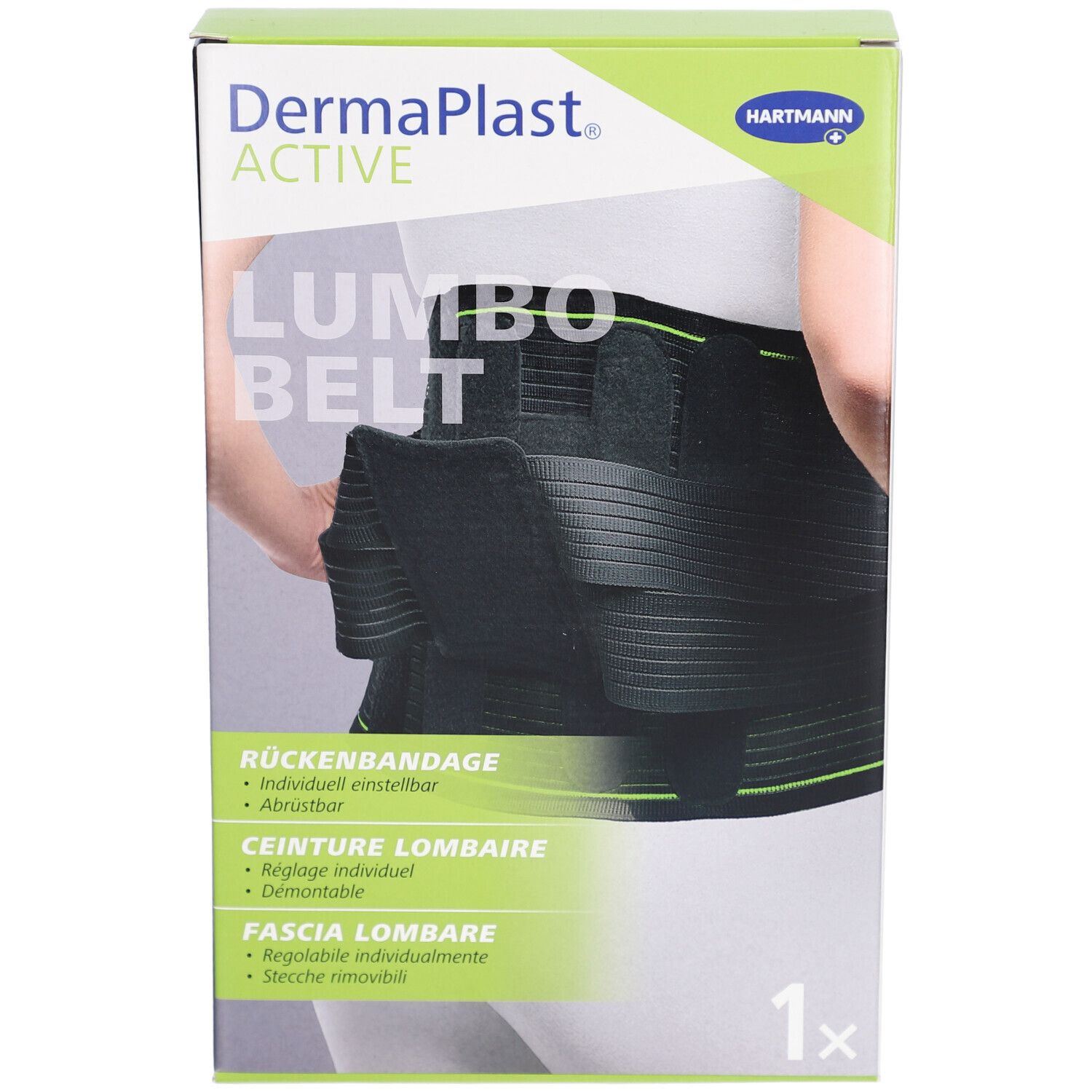 Verpackung der DermaPlast Active Lumbo Belt. Abbildung eines schwarzen Rückenbandes. Text: Rückenbandage, Ceinture lombaire, Fascia lombare.