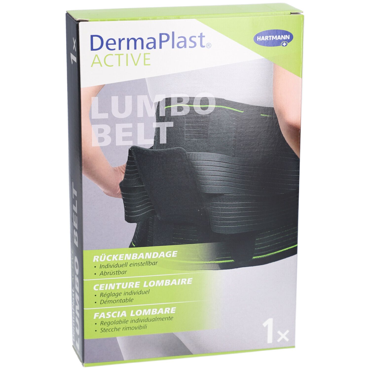 Verpackung der DermaPlast Active Lumbo Belt. Abbildung eines schwarzen Rückenbandes. Text: Rückenbandage, Ceinture lombaire, Fascia lombare.