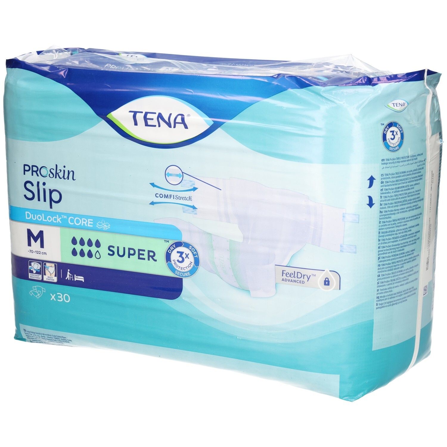 TENA Slip Super, taille M, 30 protections. Noyau absorbant avec technologie DuoLock CORE.