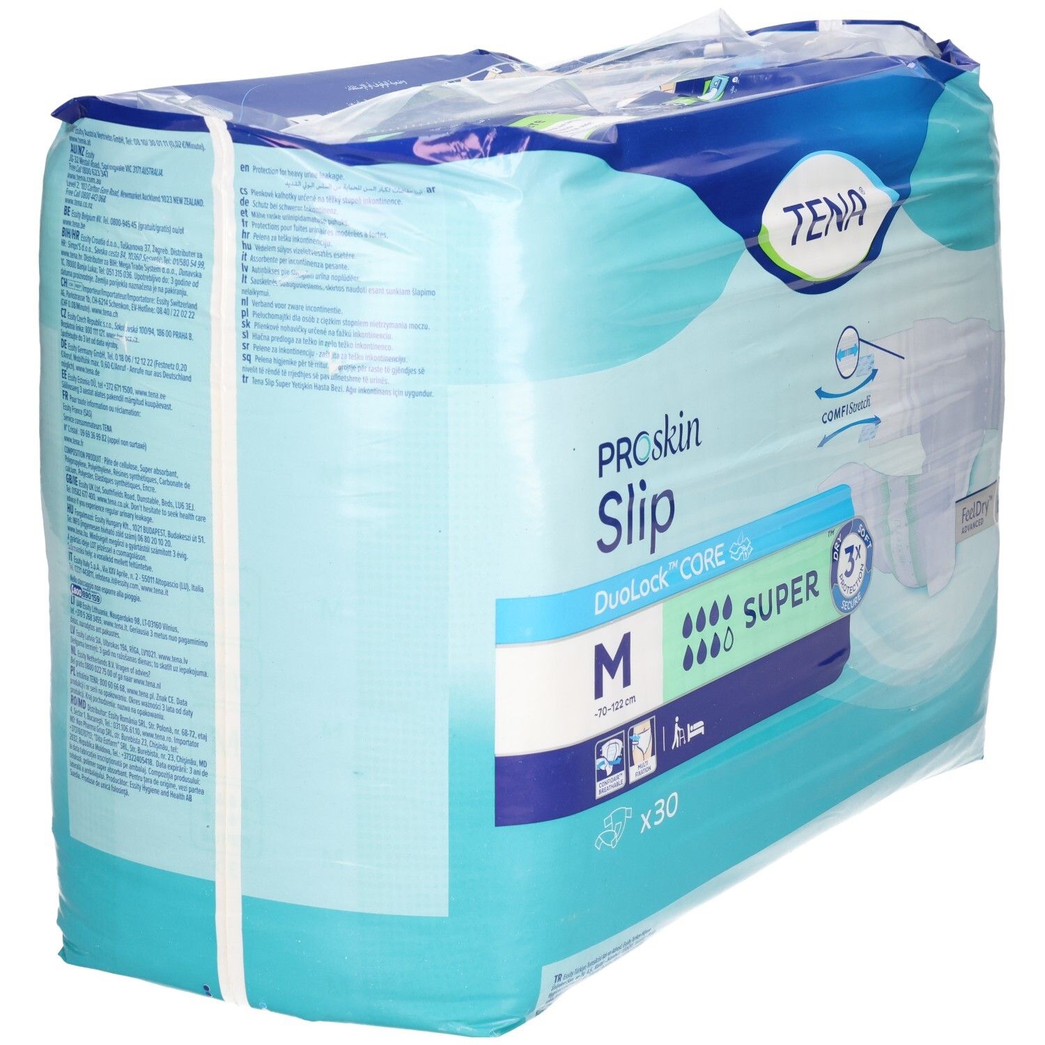 TENA Slip Super, taille M, 30 protections. Noyau absorbant avec technologie DuoLock CORE.