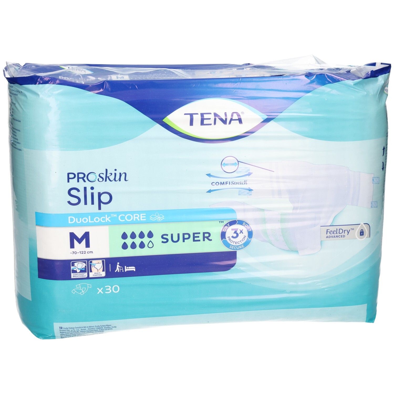 TENA Slip Super, taille M, 30 protections. Noyau absorbant avec technologie DuoLock CORE.