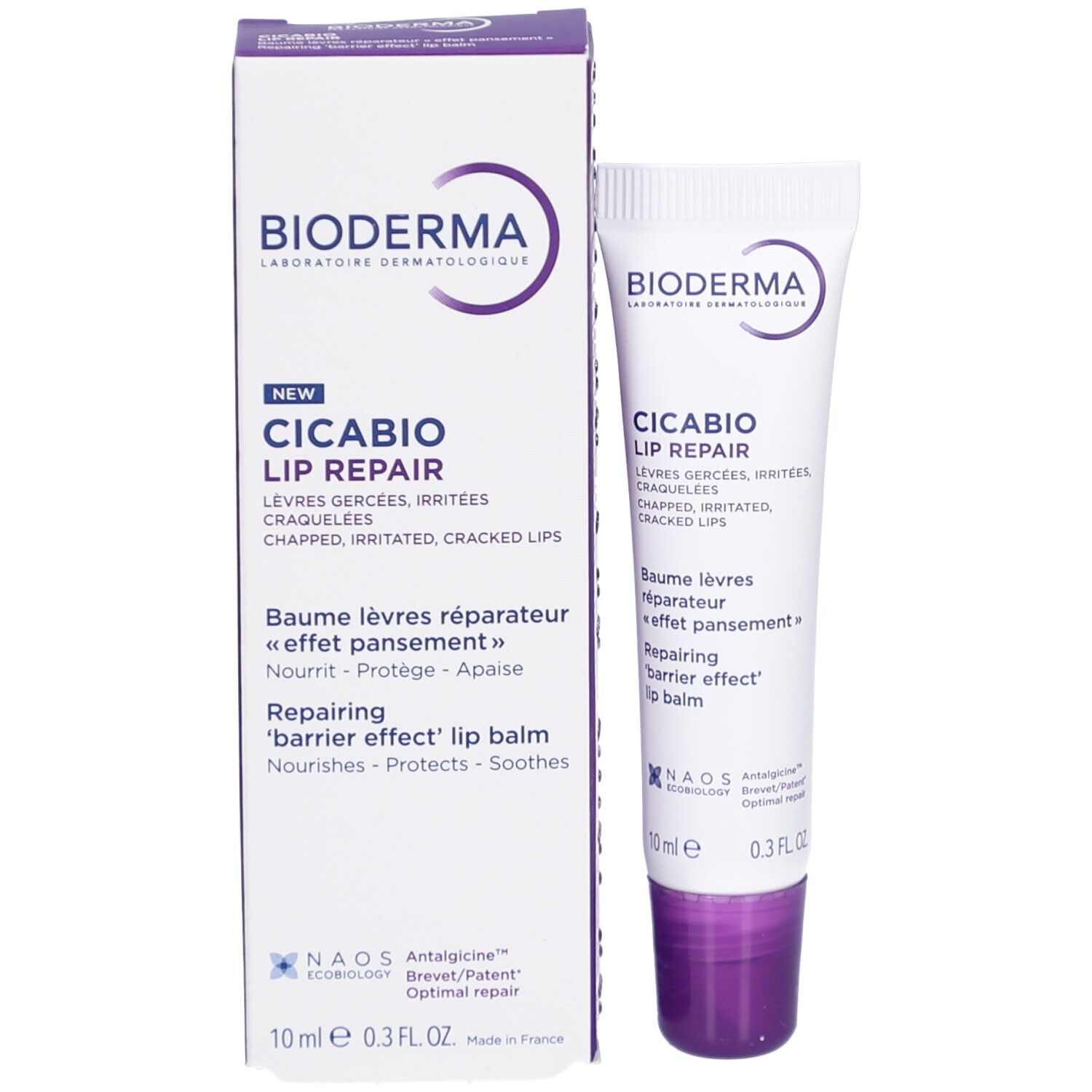 Produktverpackung und Tube. Verpackung: weiß, lila. Aufschrift: Bioderma, Cicabio Lip Repair. 10 ml.