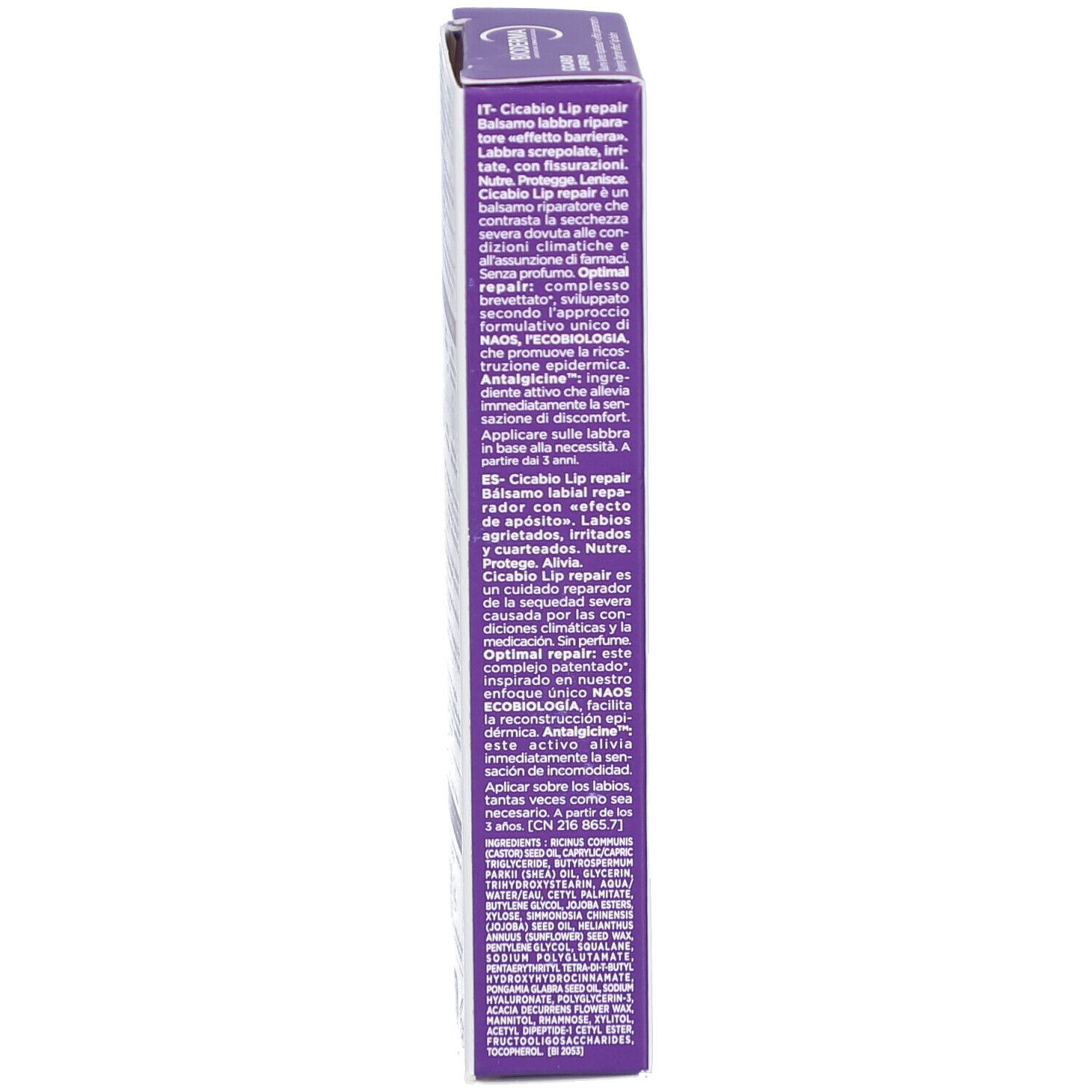 Seitenansicht der Verpackung. Text in mehreren Sprachen. Informationen zum Produkt.