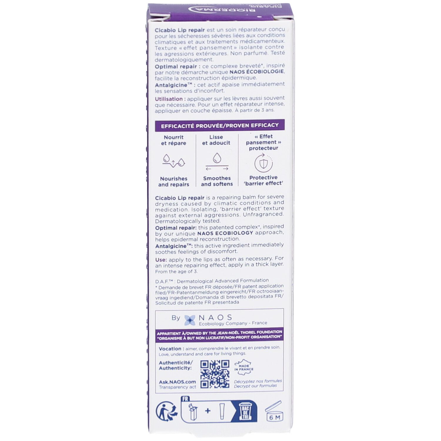 Rückseite der Verpackung. Text in mehreren Sprachen. Informationen zu Inhaltsstoffen und Anwendung.