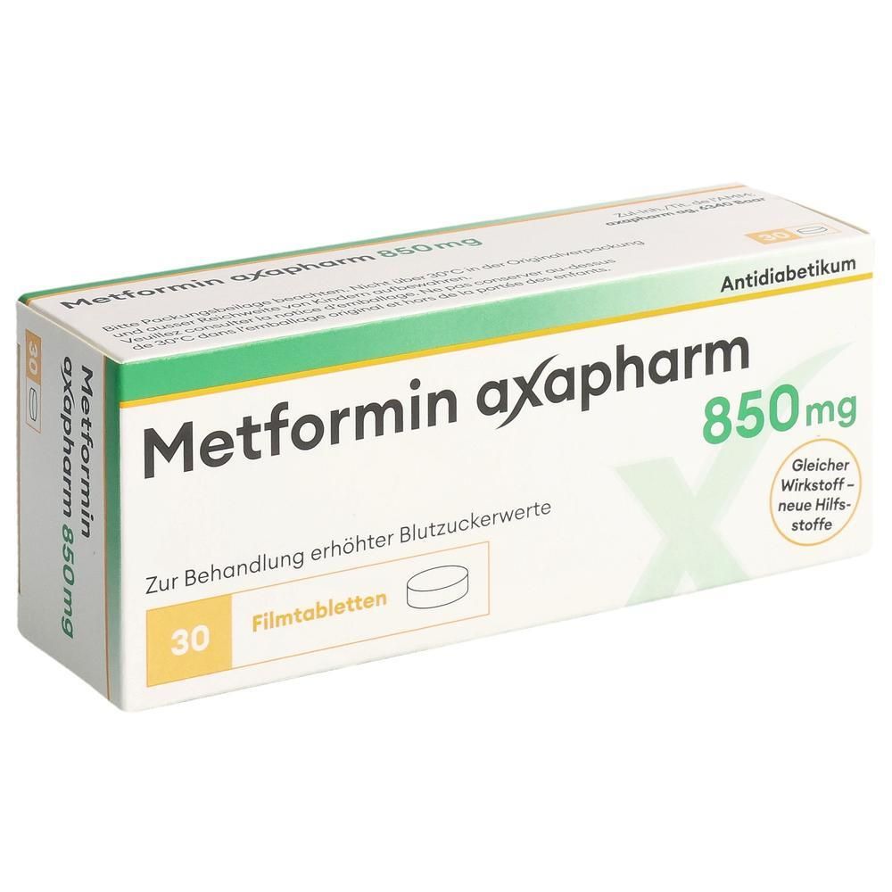 Schachtel mit "Metformin axapharm 850mg". Aufschrift "Antidiabetikum". Enthält 30 Filmtabletten. Grün-weißes Design.