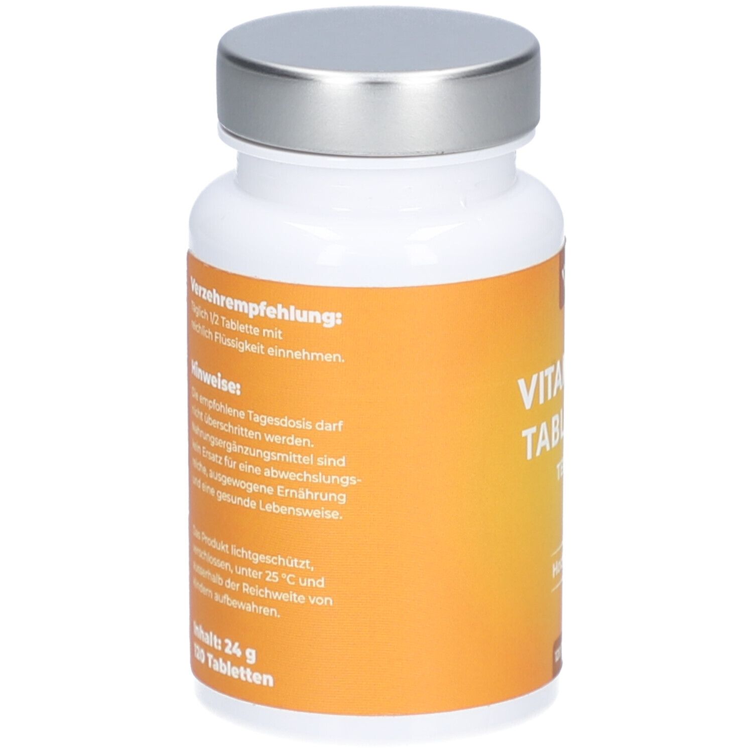 Rückseite der weißen Flasche mit silbernem Deckel. Gelber Aufkleber mit Text und Informationen zu den Tabletten.