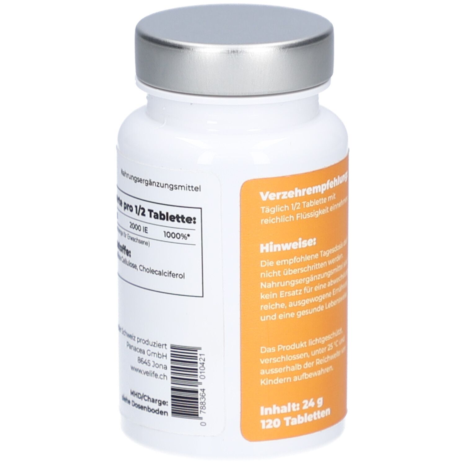 Rückseite der weißen Flasche mit silbernem Deckel. Gelber Aufkleber mit Text und Nährwertangaben.