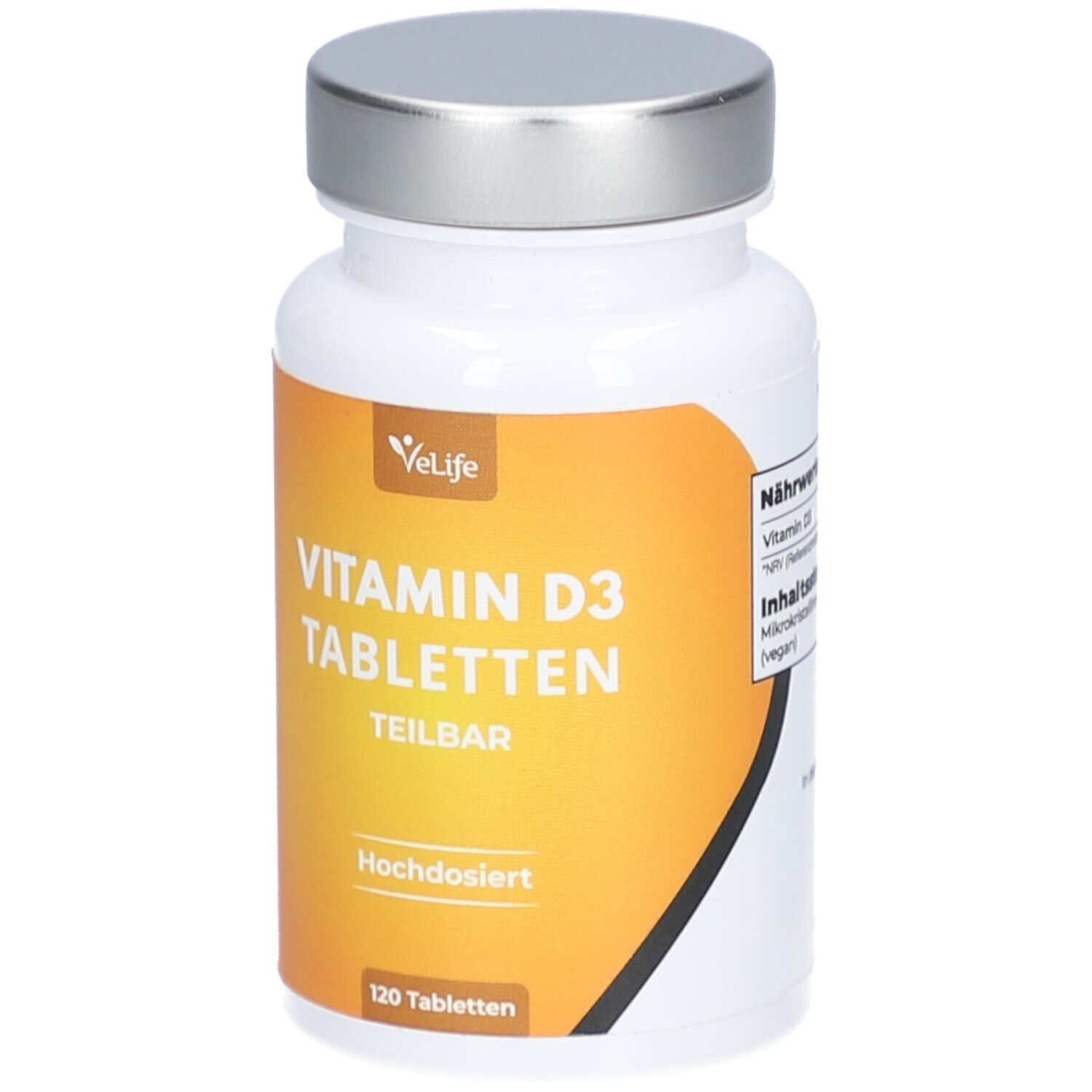 Weiße Flasche mit silbernem Deckel. Aufkleber mit gelbem Hintergrund und Text: Vitamin D3 Tabletten, teilbar, hochdosiert, 120 Tabletten.