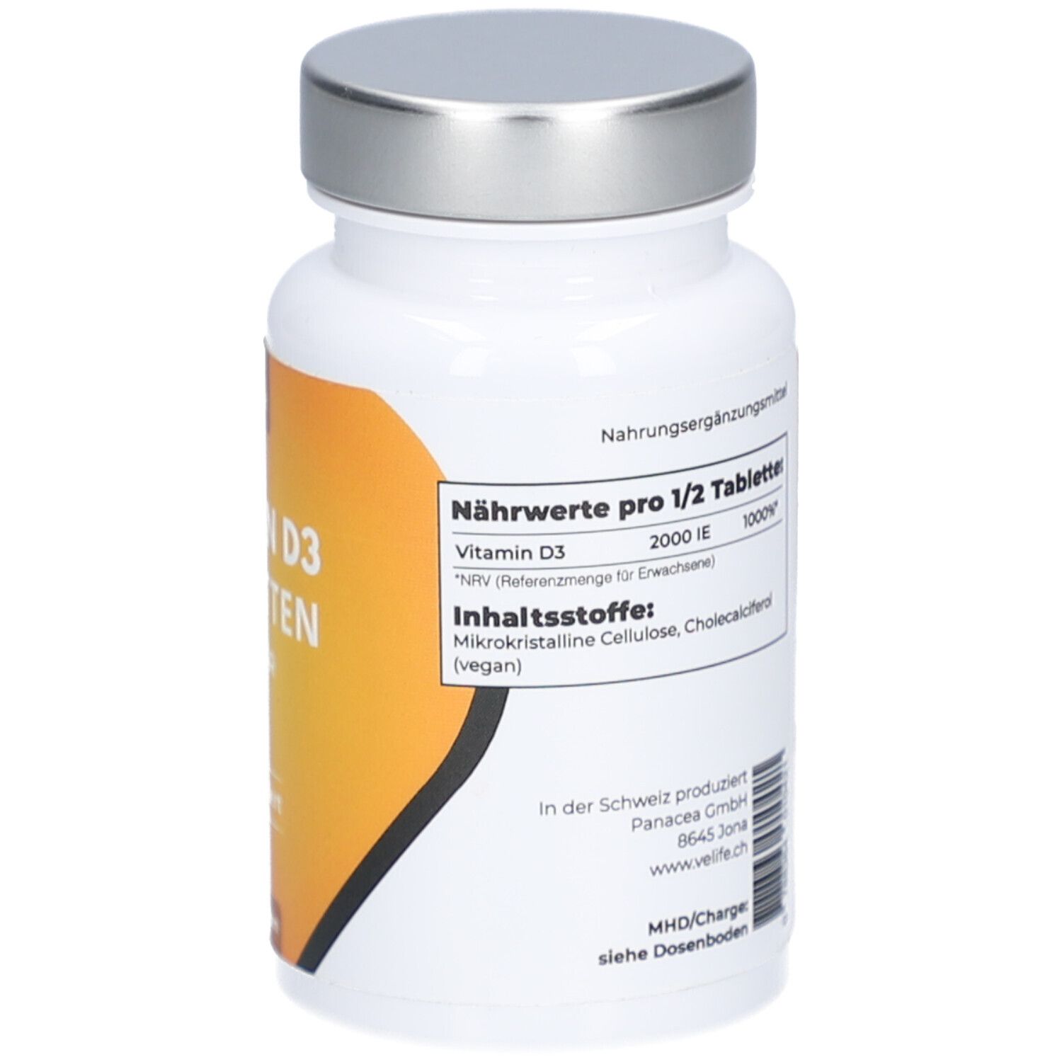 Rückseite der weißen Flasche mit silbernem Deckel. Gelber Aufkleber mit Text und Nährwertangaben.