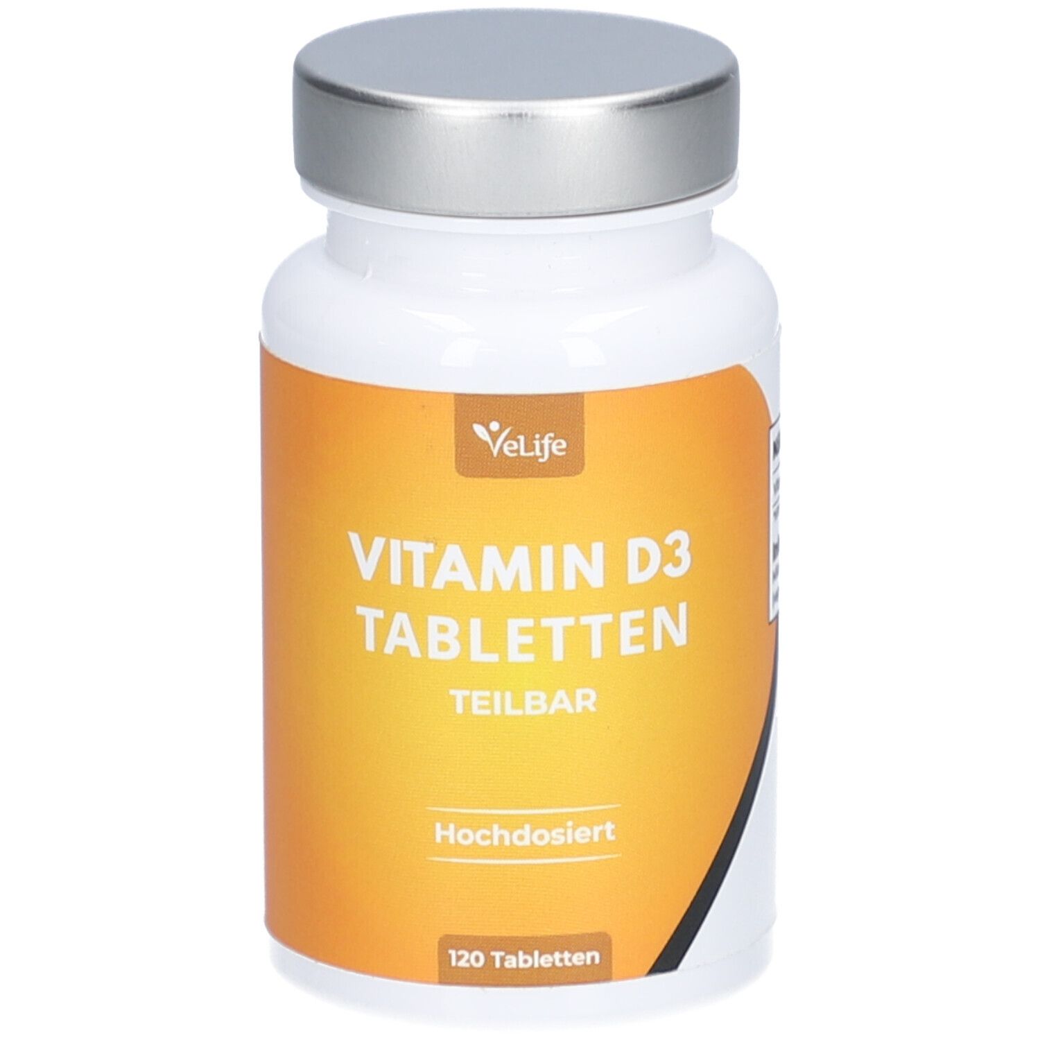 Weiße Flasche mit silbernem Deckel. Aufkleber mit gelbem Hintergrund und Text: Vitamin D3 Tabletten, teilbar, hochdosiert, 120 Tabletten.
