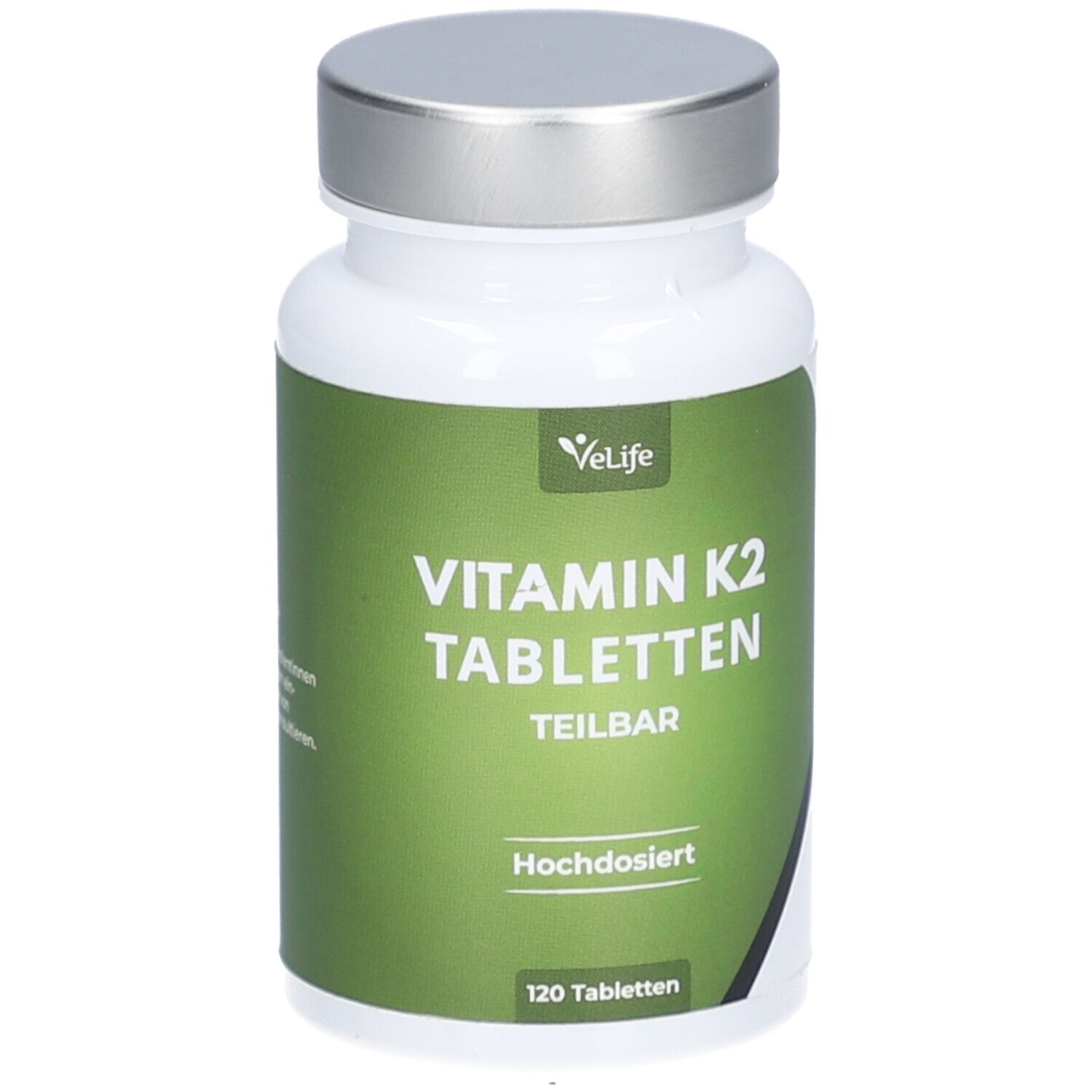 Weiße Flasche mit silbernem Deckel. Aufschrift: Vitamin K2 Tabletten, teilbar, hochdosiert. 120 Tabletten.