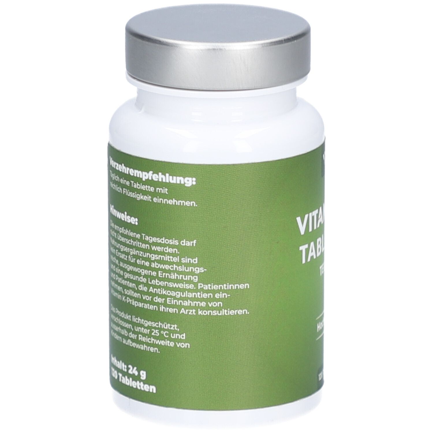 Weiße Flasche mit silbernem Deckel. Grüne Beschriftung mit Text. Enthält Informationen zur Einnahme und Hinweise.