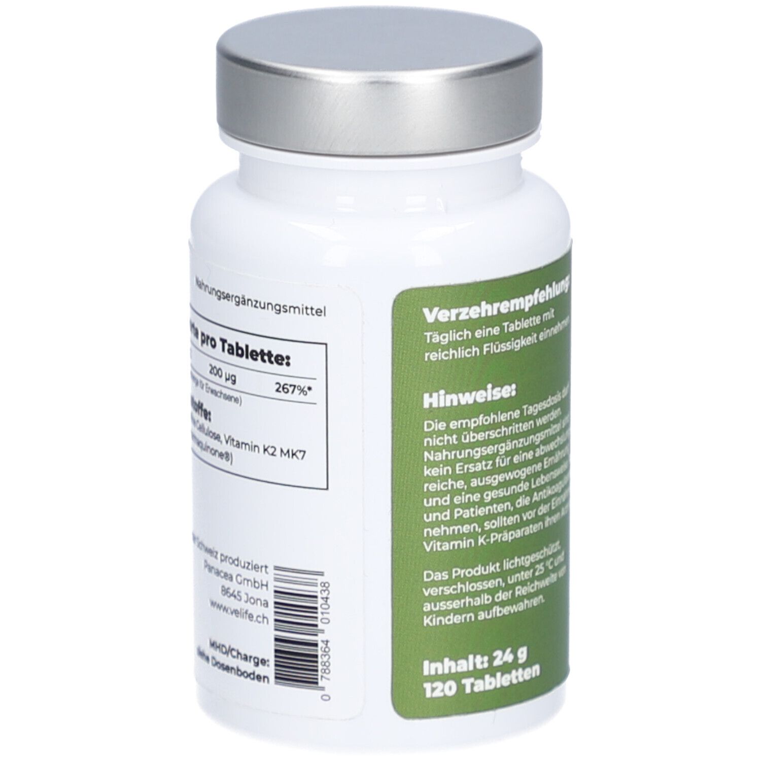 Weiße Flasche mit silbernem Deckel. Grüne Beschriftung mit Text. Enthält Nährwertangaben und Inhaltsstoffe.