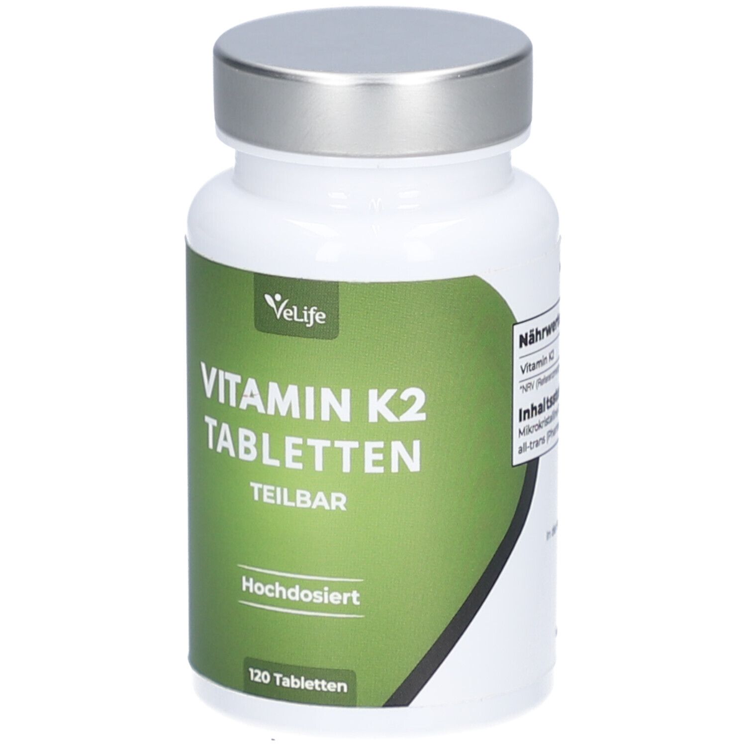 Weiße Flasche mit silbernem Deckel. Aufschrift: Vitamin K2 Tabletten, teilbar, hochdosiert. 120 Tabletten.
