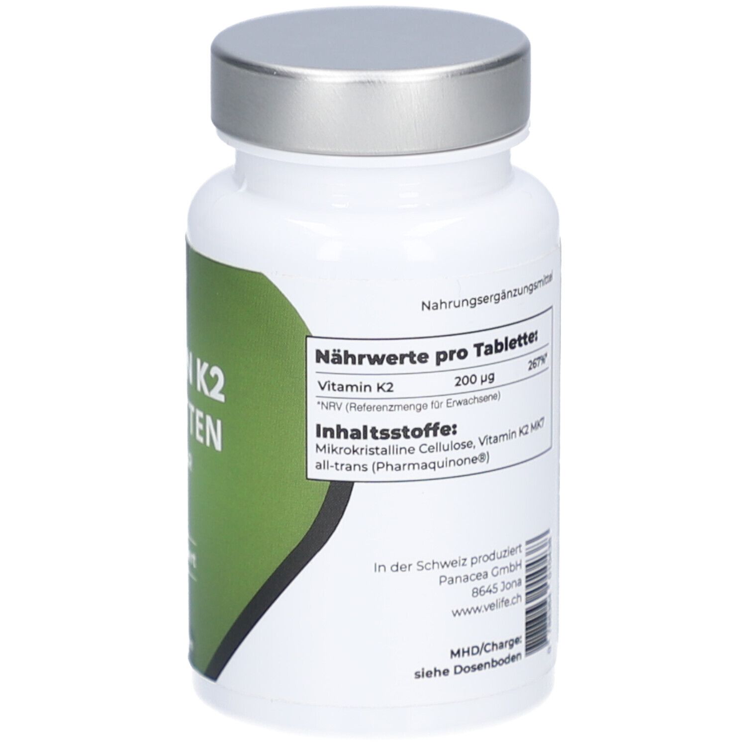 Weiße Flasche mit silbernem Deckel. Grüne Beschriftung mit Text. Enthält Nährwertangaben und Inhaltsstoffe.