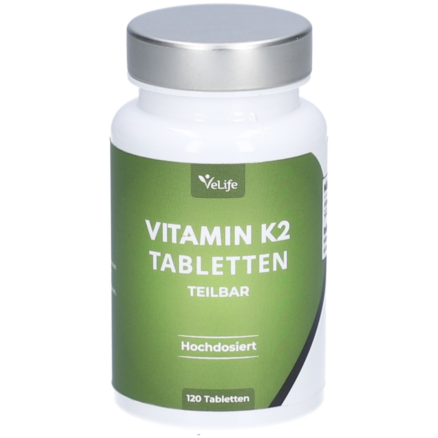 Weiße Flasche mit silbernem Deckel. Aufschrift: Vitamin K2 Tabletten, teilbar, hochdosiert. 120 Tabletten.