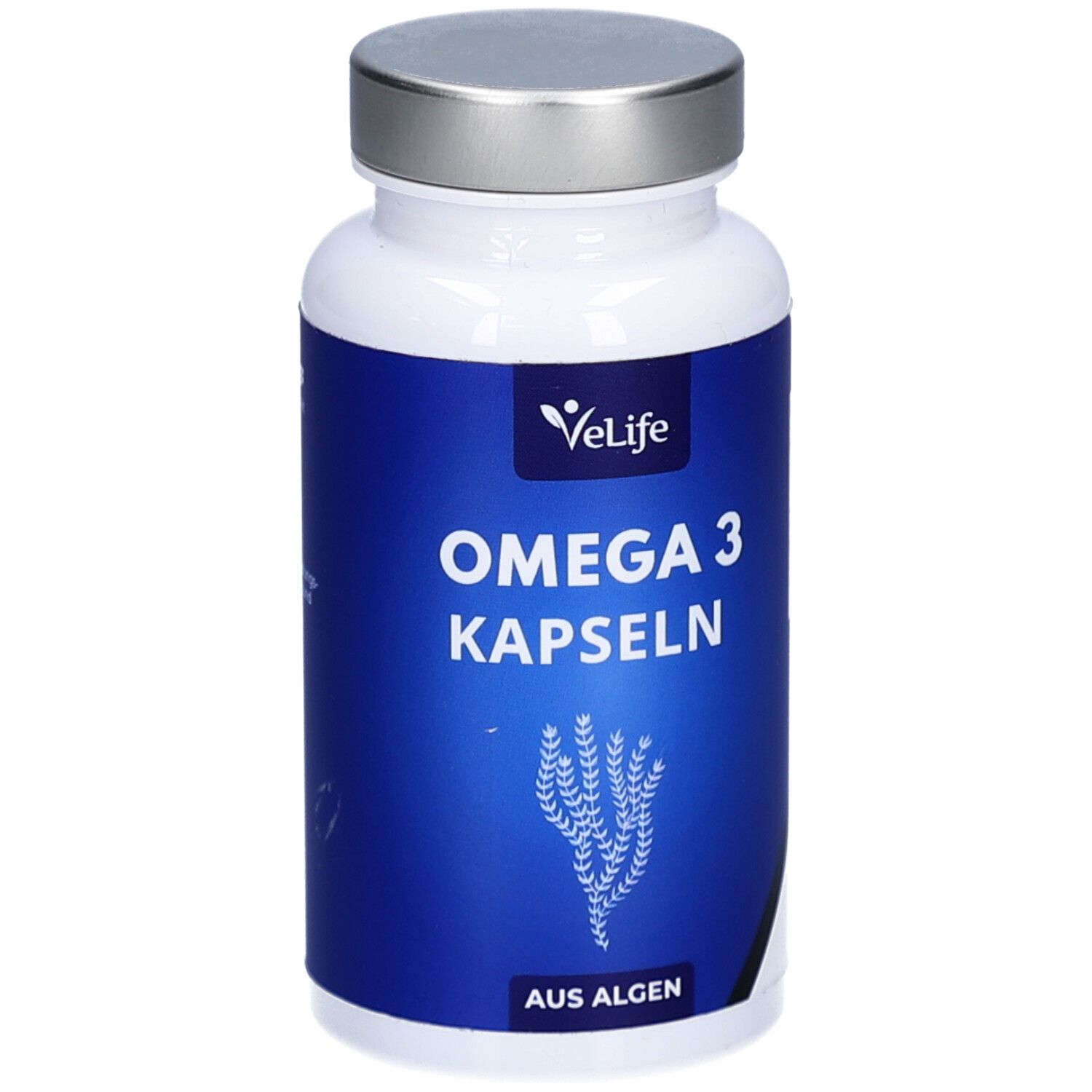 Weiße Flasche mit blauem Etikett. Aufschrift: VeLife, Omega 3 Kapseln, Aus Algen. Silberner Deckel.