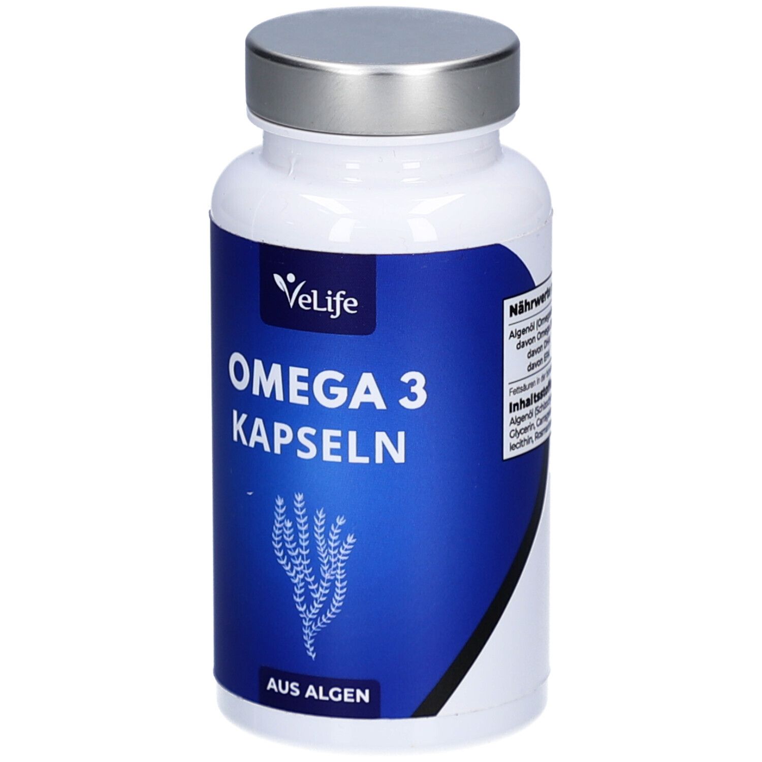 Weiße Flasche mit blauem Etikett. Aufschrift: VeLife, Omega 3 Kapseln, Aus Algen. Silberner Deckel.
