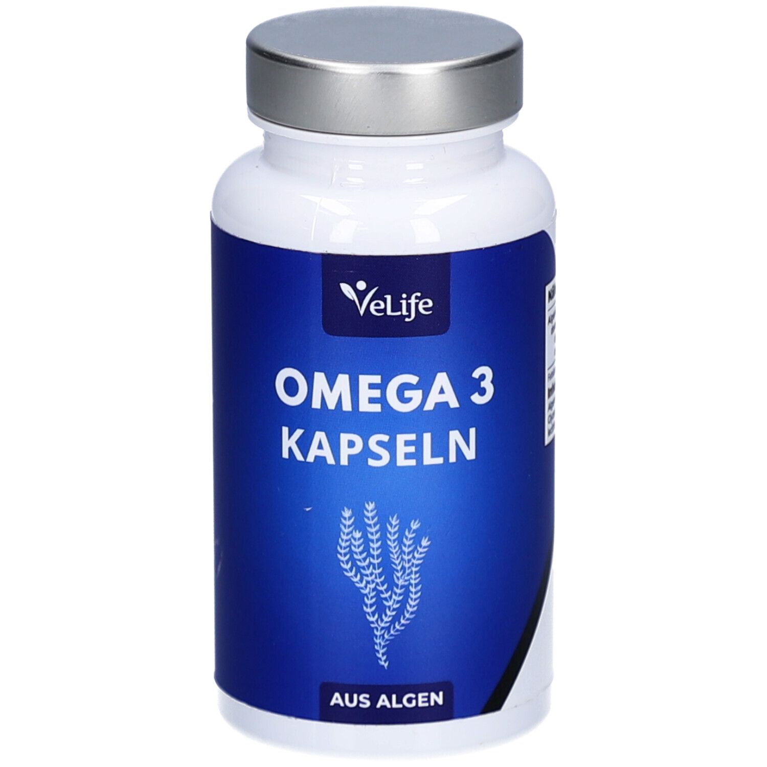Weiße Flasche mit blauem Etikett. Aufschrift: VeLife, Omega 3 Kapseln, Aus Algen. Silberner Deckel.