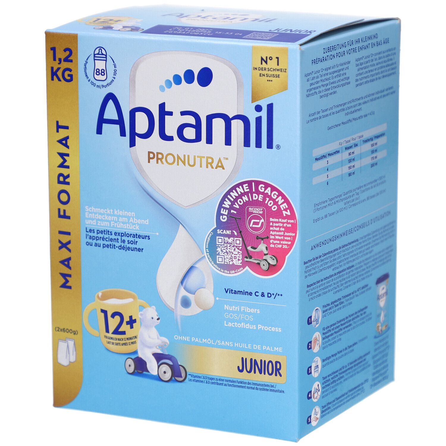 Aptamil PRONUTRA Junior 12+ Folgemilch ab 1 Jahr. Blaue Verpackung, Maxi Format 1,2 kg. Mit Bär und Tasse.