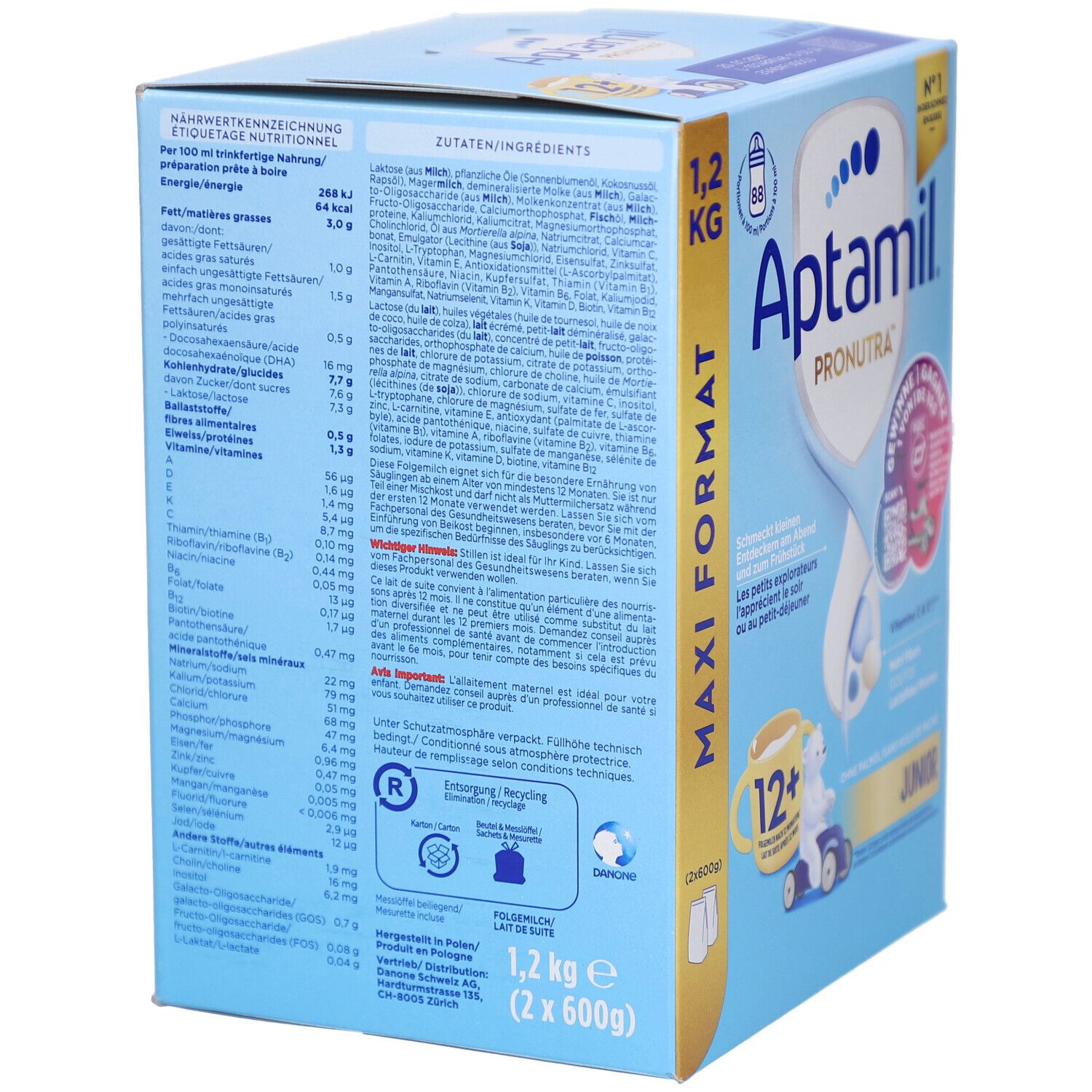 Aptamil PRONUTRA Junior 12+ Folgemilch ab 1 Jahr. Verpackung mit Nährwertangaben und Zutaten. 1,2 kg.