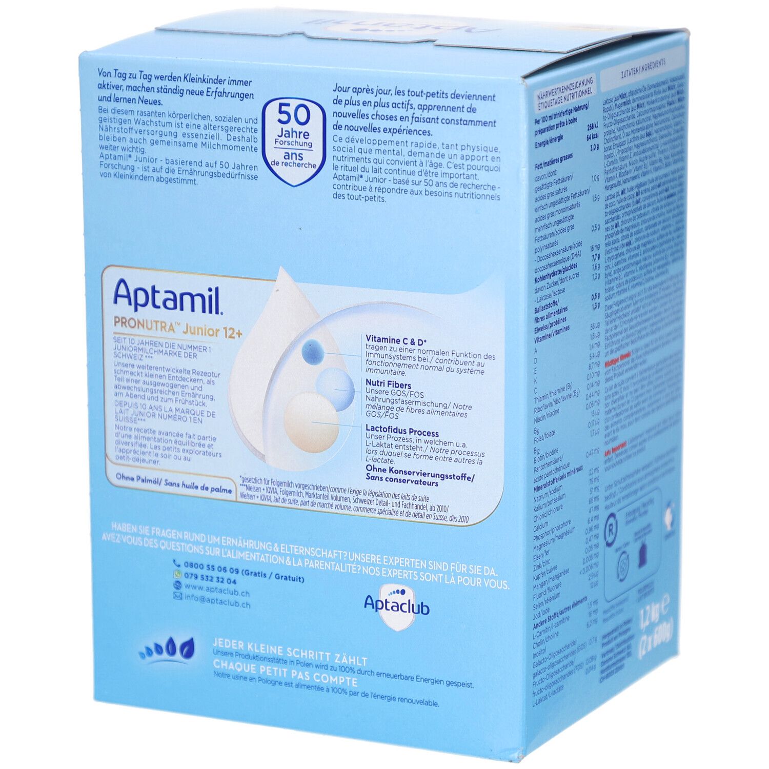 Aptamil PRONUTRA Junior 12+ Folgemilch ab 1 Jahr. Rückseite der Verpackung mit Text und Logo. 50 Jahre.