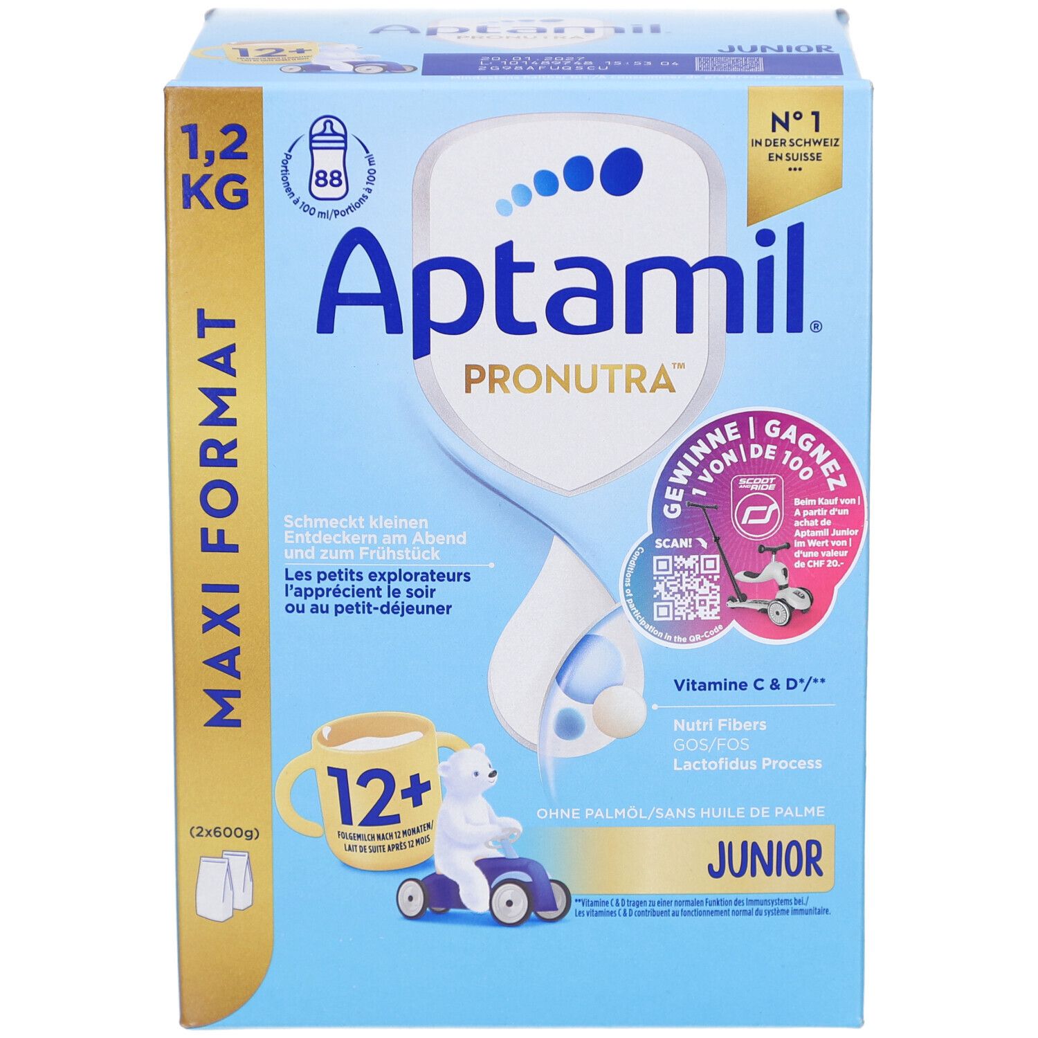Aptamil PRONUTRA Junior 12+ Folgemilch ab 1 Jahr. Blaue Verpackung, Maxi Format 1,2 kg. Mit Bär und Tasse.