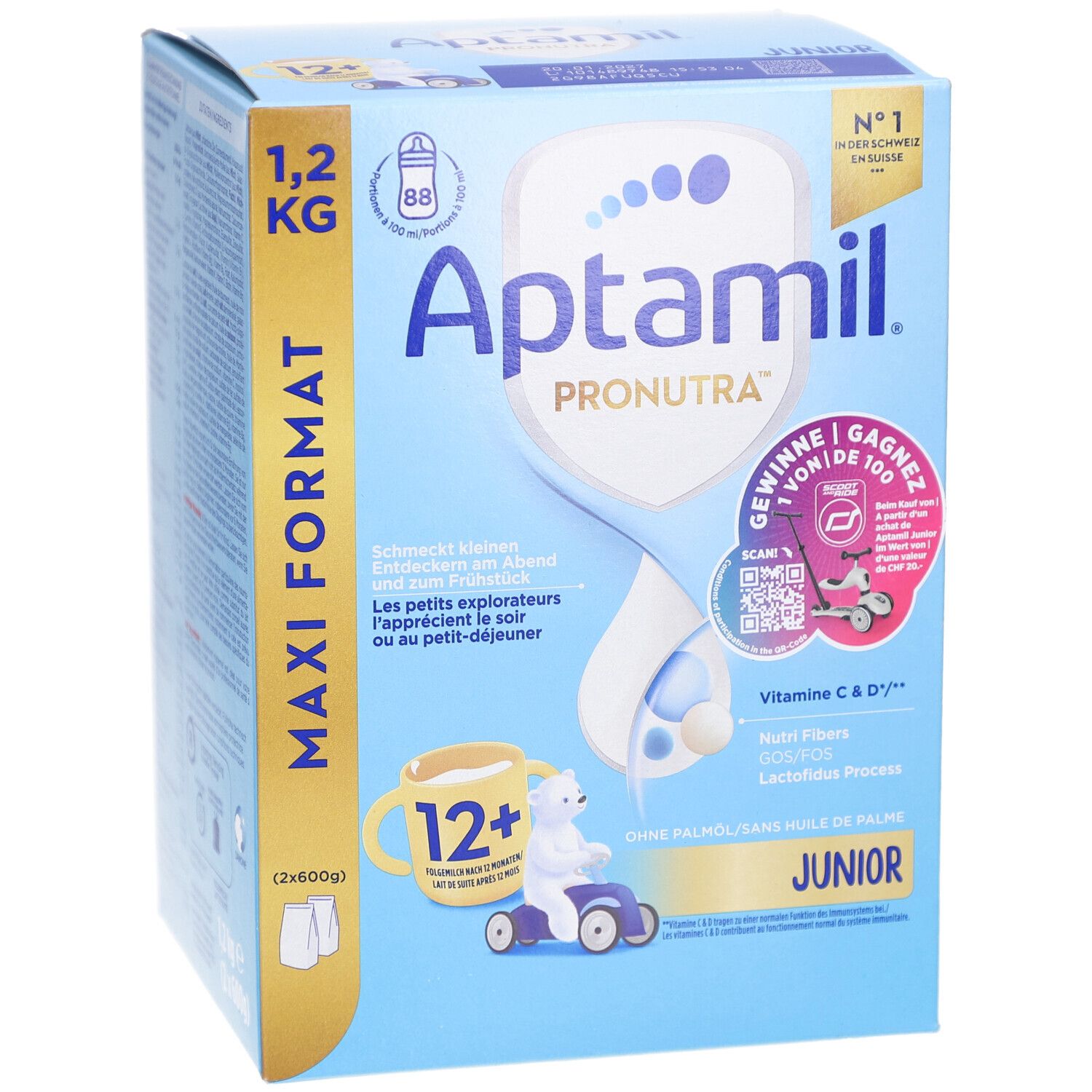 Aptamil PRONUTRA Junior 12+ Folgemilch ab 1 Jahr. Blaue Verpackung, Maxi Format 1,2 kg. Mit Bär und Tasse.