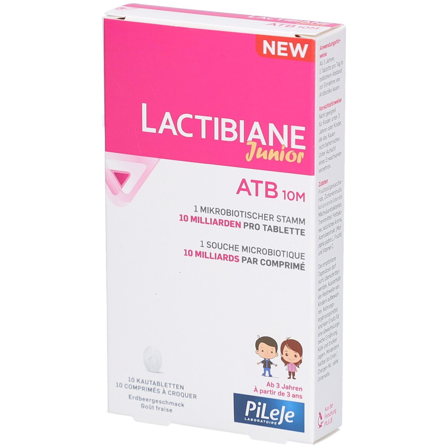 Boîte de LACTIBIANE Junior ATB 10M. Rose et blanche, avec nom du produit, informations sur les comprimés et ingrédients.