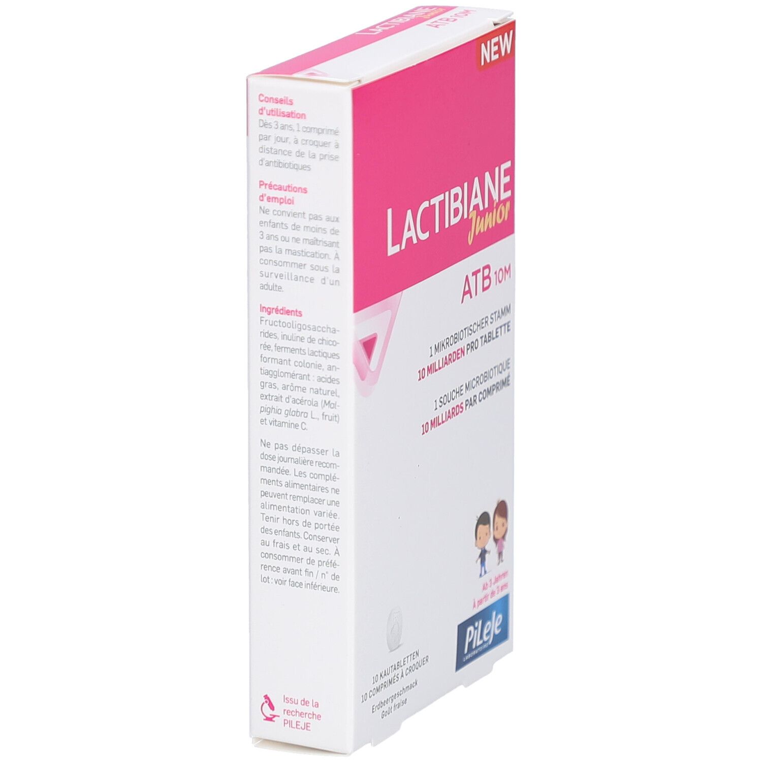 Vue latérale de la boîte LACTIBIANE Junior ATB 10M. Informations textuelles en allemand et français, rose et blanc.